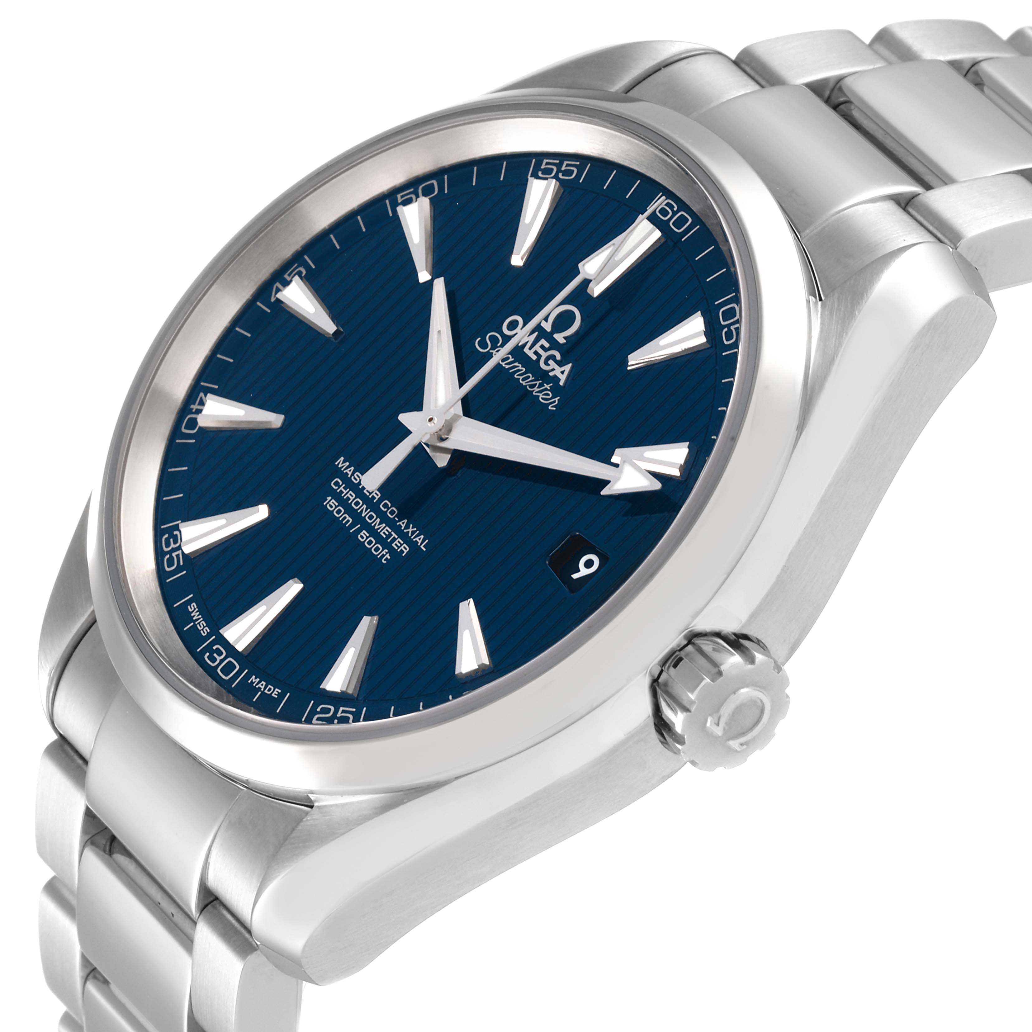 The Omega Aqua Terra 231.10.42.21.03.001 Men
s Stainless Steel Blue Dial 231.10.42.21.03.001 Men
s Stainless Steel Blue Dial watch is shown at a slight angle, highlighting the face, crown, and part of the bracelet.