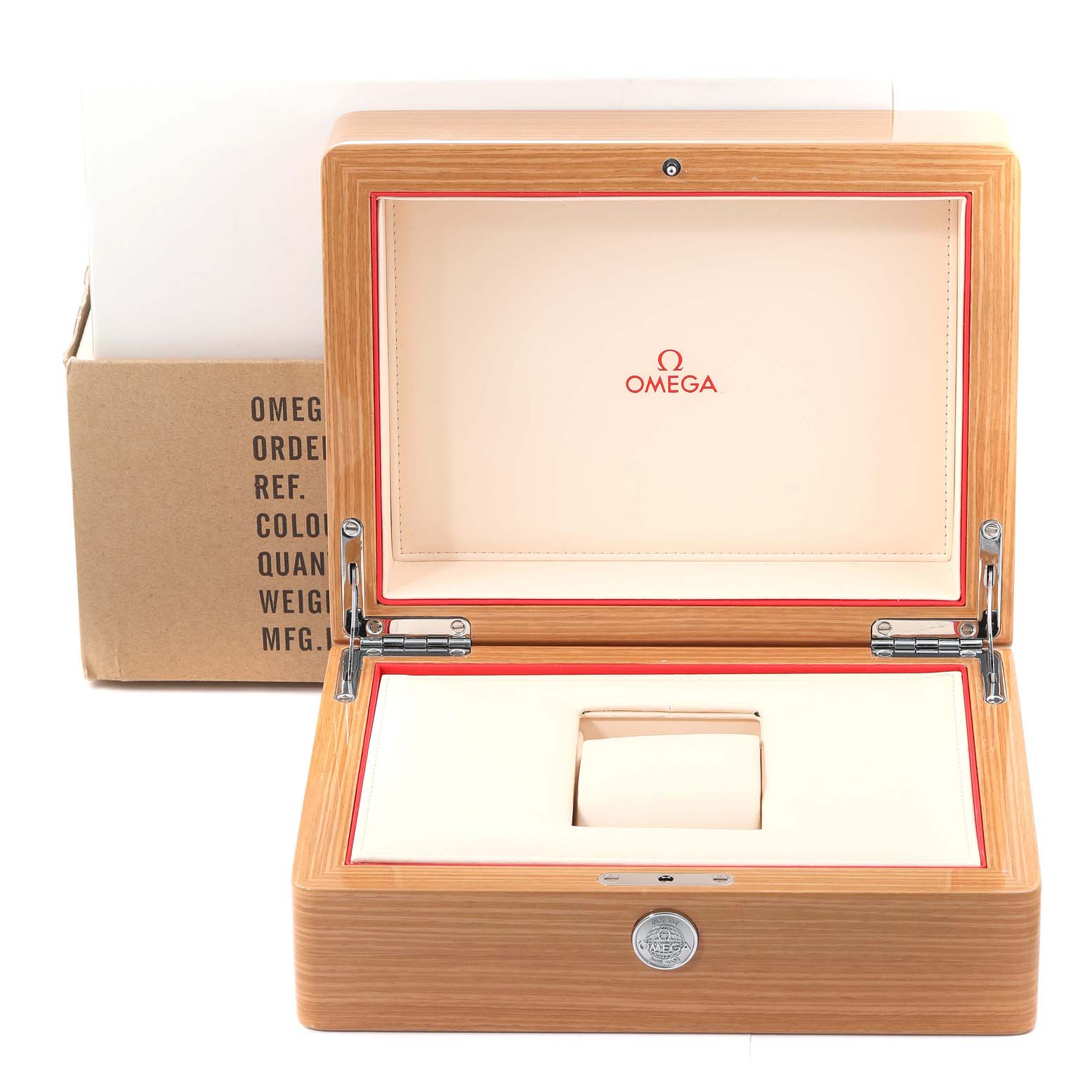 The image shows an open box for an Omega Aqua Terra 231.10.42.21.03.001 Men
s Stainless Steel Blue Dial 231.10.42.21.03.001 Men
s Stainless Steel Blue Dial watch.