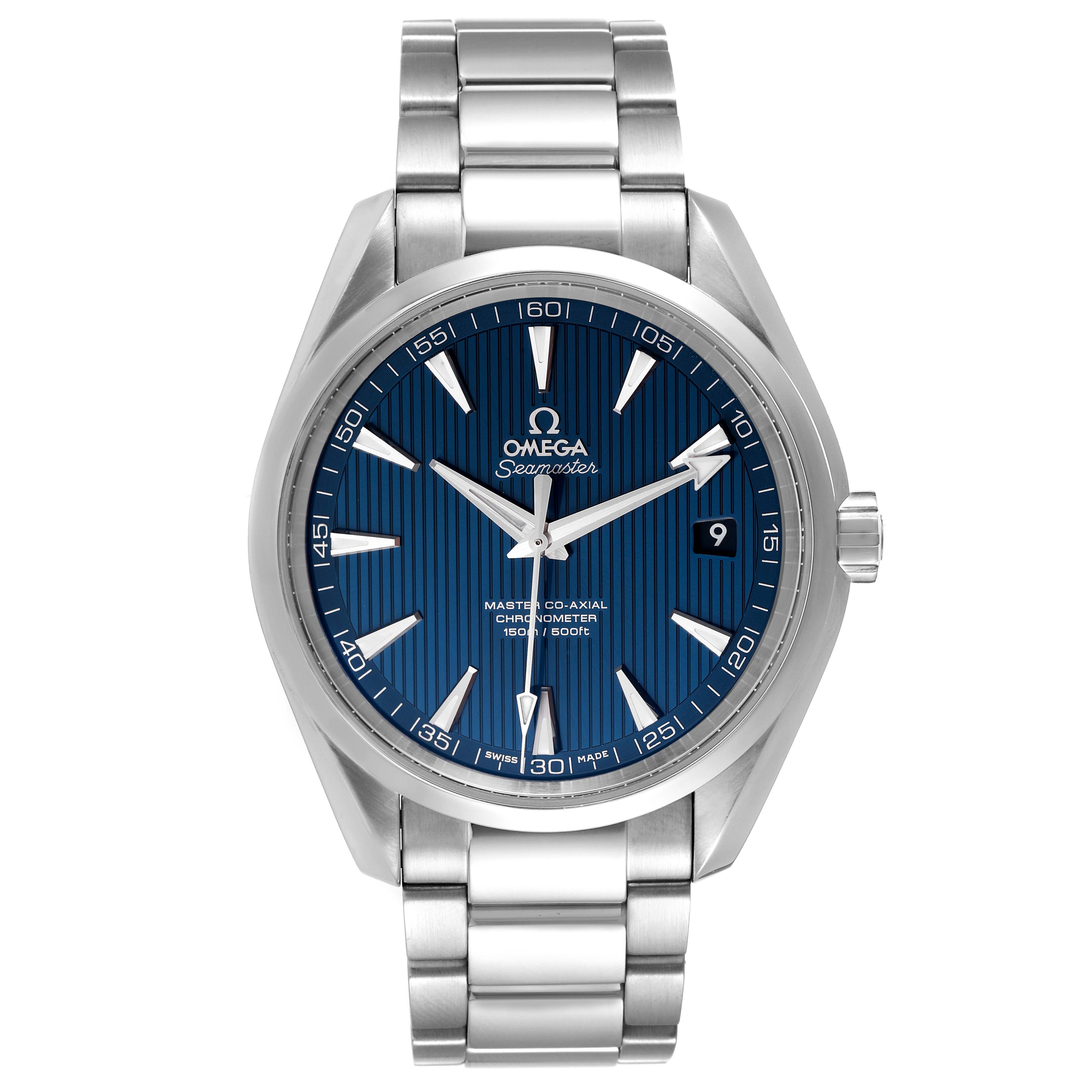 The Omega Aqua Terra 231.10.42.21.03.001 Men
s Stainless Steel Blue Dial 231.10.42.21.03.001 Men
s Stainless Steel Blue Dial watch is shown from a front angle, displaying its blue dial, date window, and stainless steel bracelet.