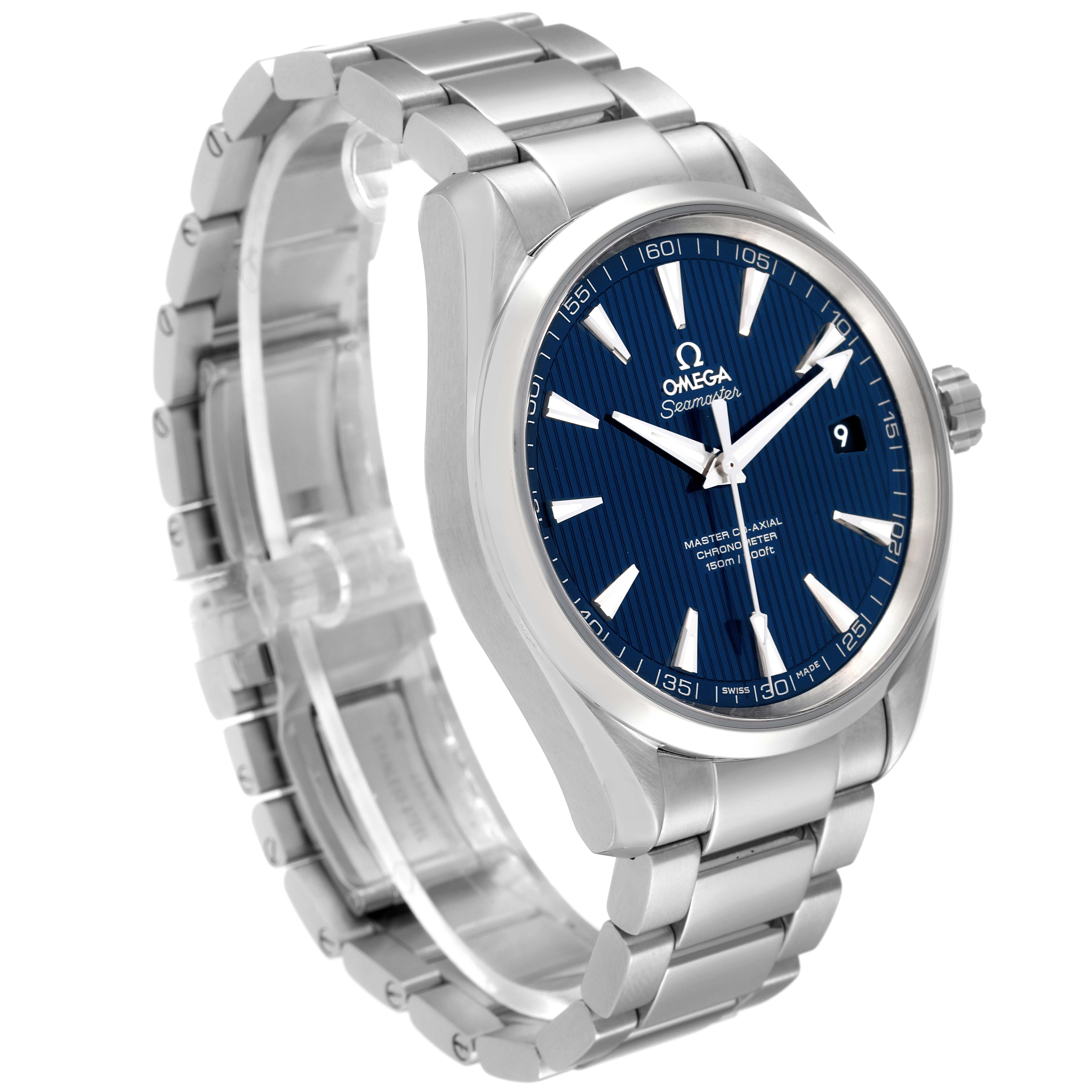The image shows an angled view of the Omega Seamaster Aqua Terra watch, highlighting the stainless steel bracelet and blue dial.