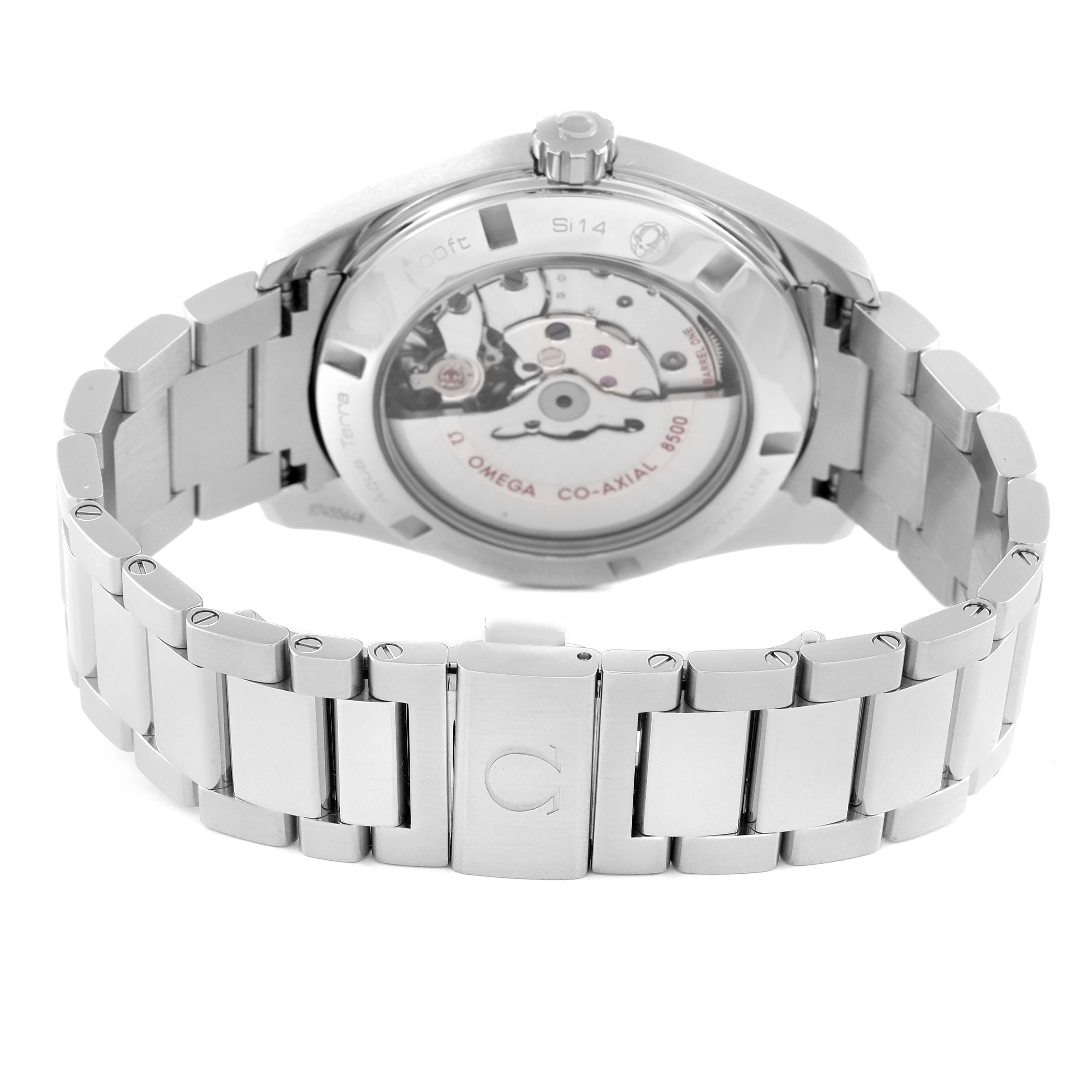 The image shows the back view of the Omega Aqua Terra 231.10.42.21.03.001 Men
s Stainless Steel Blue Dial 231.10.42.21.03.001 Men
s Stainless Steel Blue Dial model watch highlighting its rear case and metal bracelet.