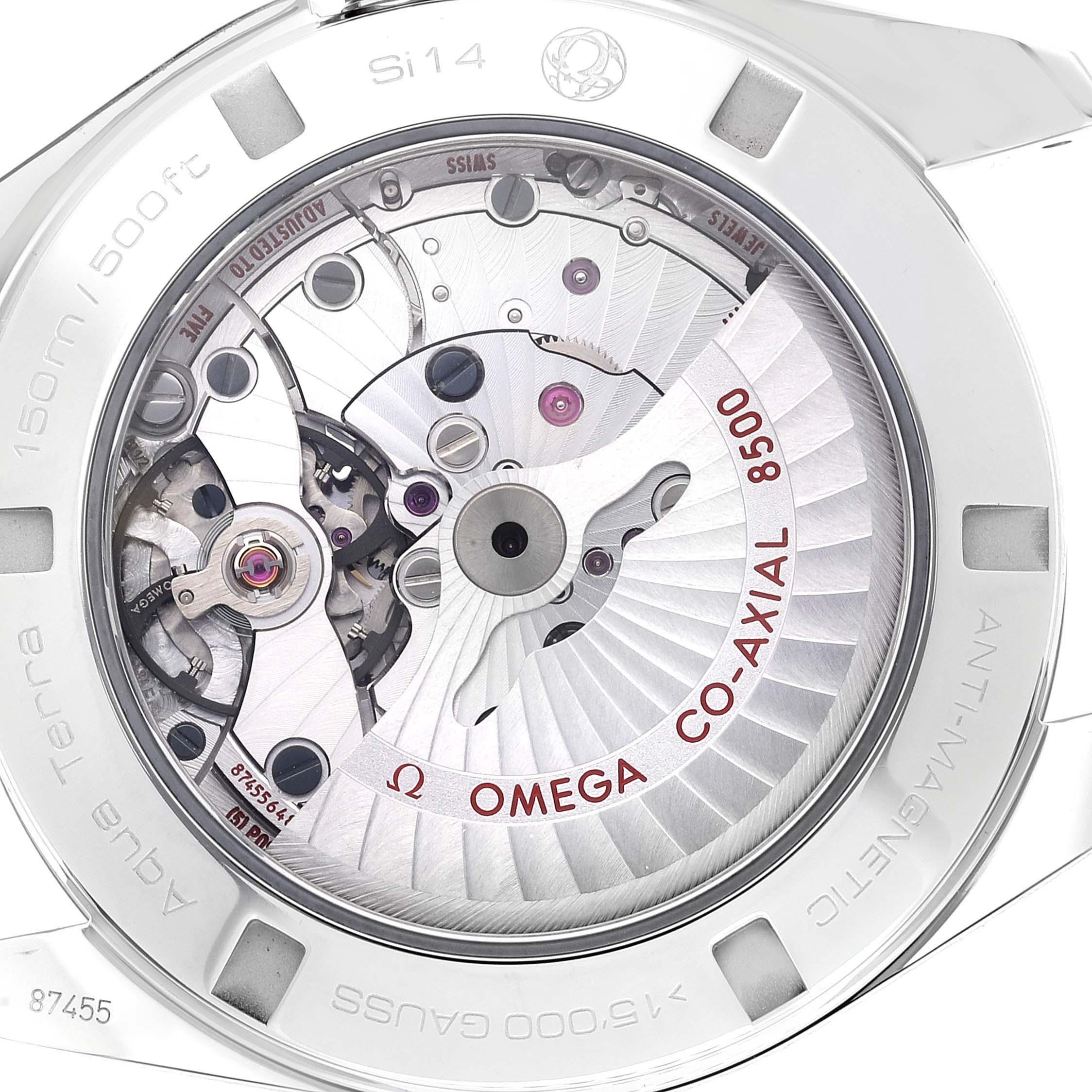 The image shows the back view of an Omega Aqua Terra 231.10.42.21.03.001 Men
s Stainless Steel Blue Dial 231.10.42.21.03.001 Men
s Stainless Steel Blue Dial watch, highlighting the Co-Axial 8500 movement.