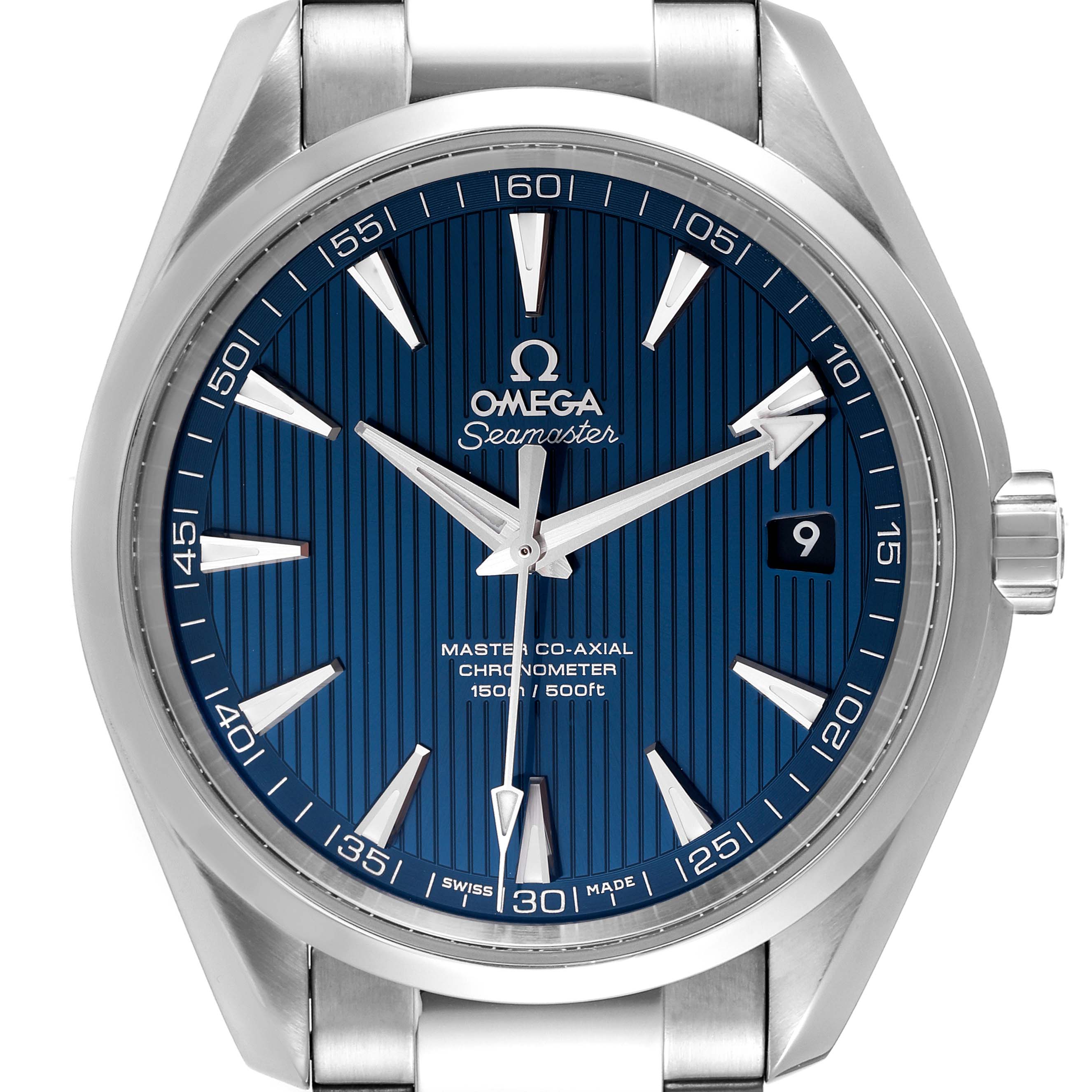 Front angle view of the Omega Aqua Terra 231.10.42.21.03.001 Men
s Stainless Steel Blue Dial 231.10.42.21.03.001 Men
s Stainless Steel Blue Dial Seamaster watch, showing the dial, hands, hour markers, and date window.