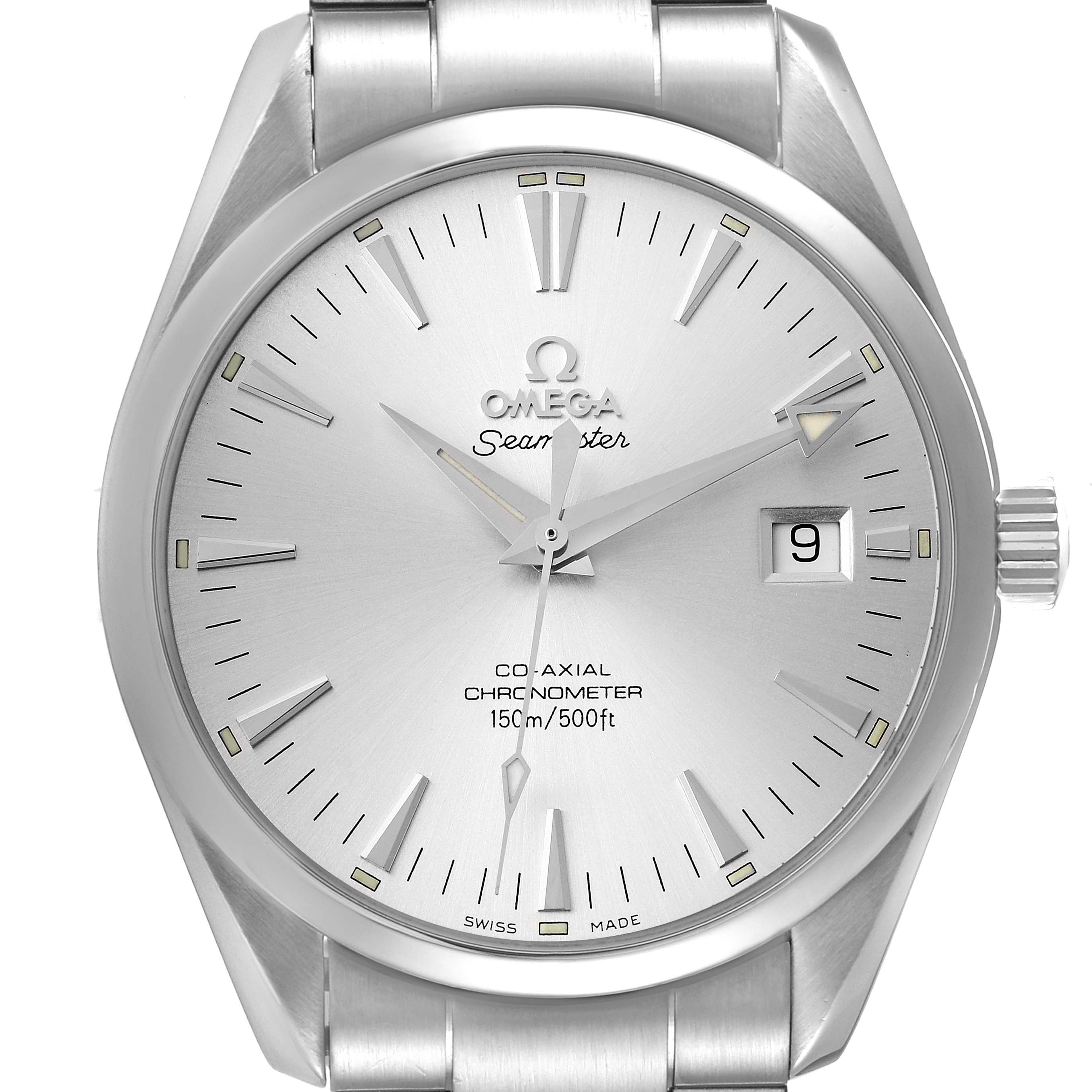 This image shows a front view of the Omega Aqua Terra 2503.30.00 Men
s Stainless Steel Silver Dial 2503.30.00 Men
s Stainless Steel Silver Dial model watch, highlighting the dial, hands, date window, and part of the bracelet.