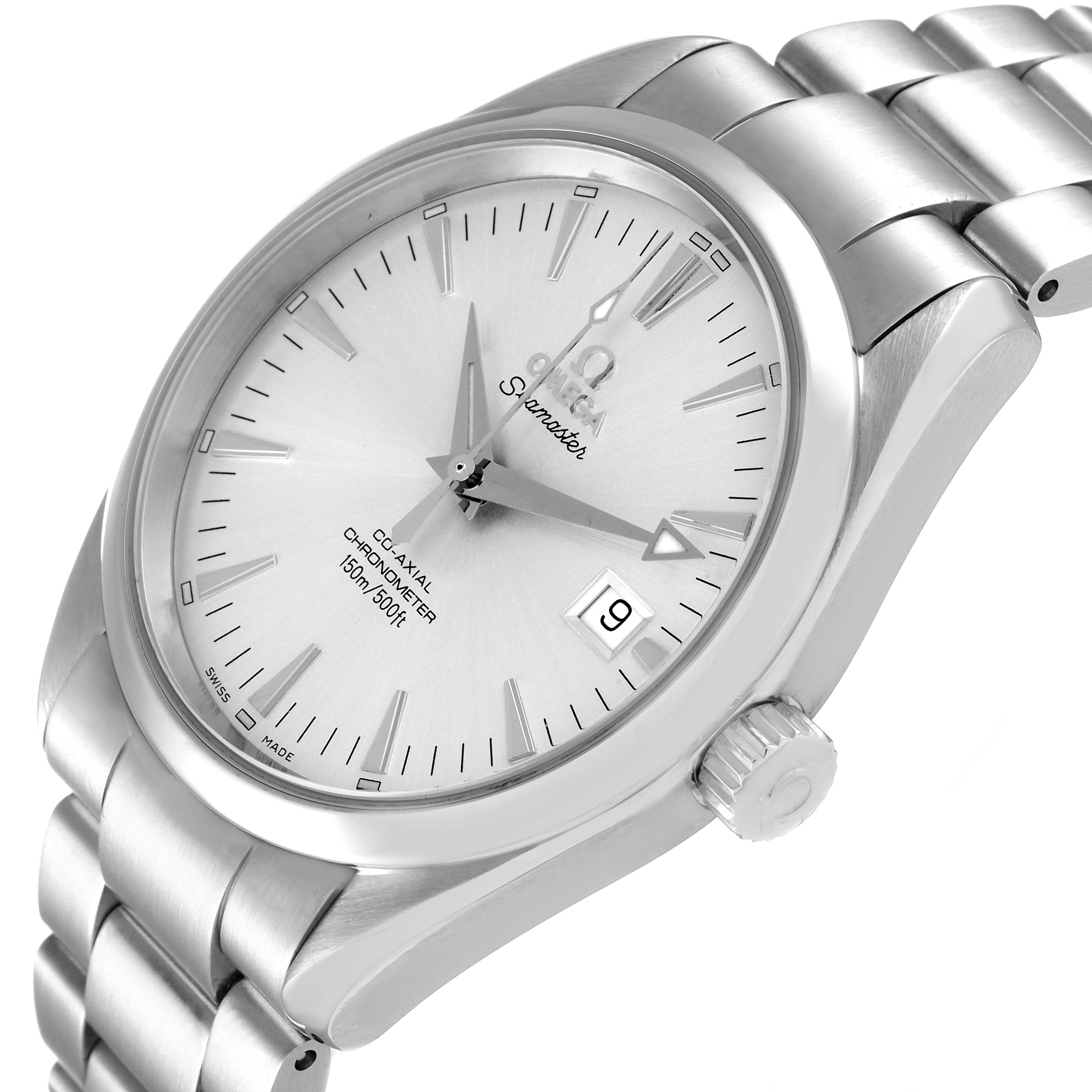 The image shows an Omega Aqua Terra 2503.30.00 Men
s Stainless Steel Silver Dial 2503.30.00 Men
s Stainless Steel Silver Dial watch at a tilted angle, highlighting its face, bezel, crown, and bracelet.