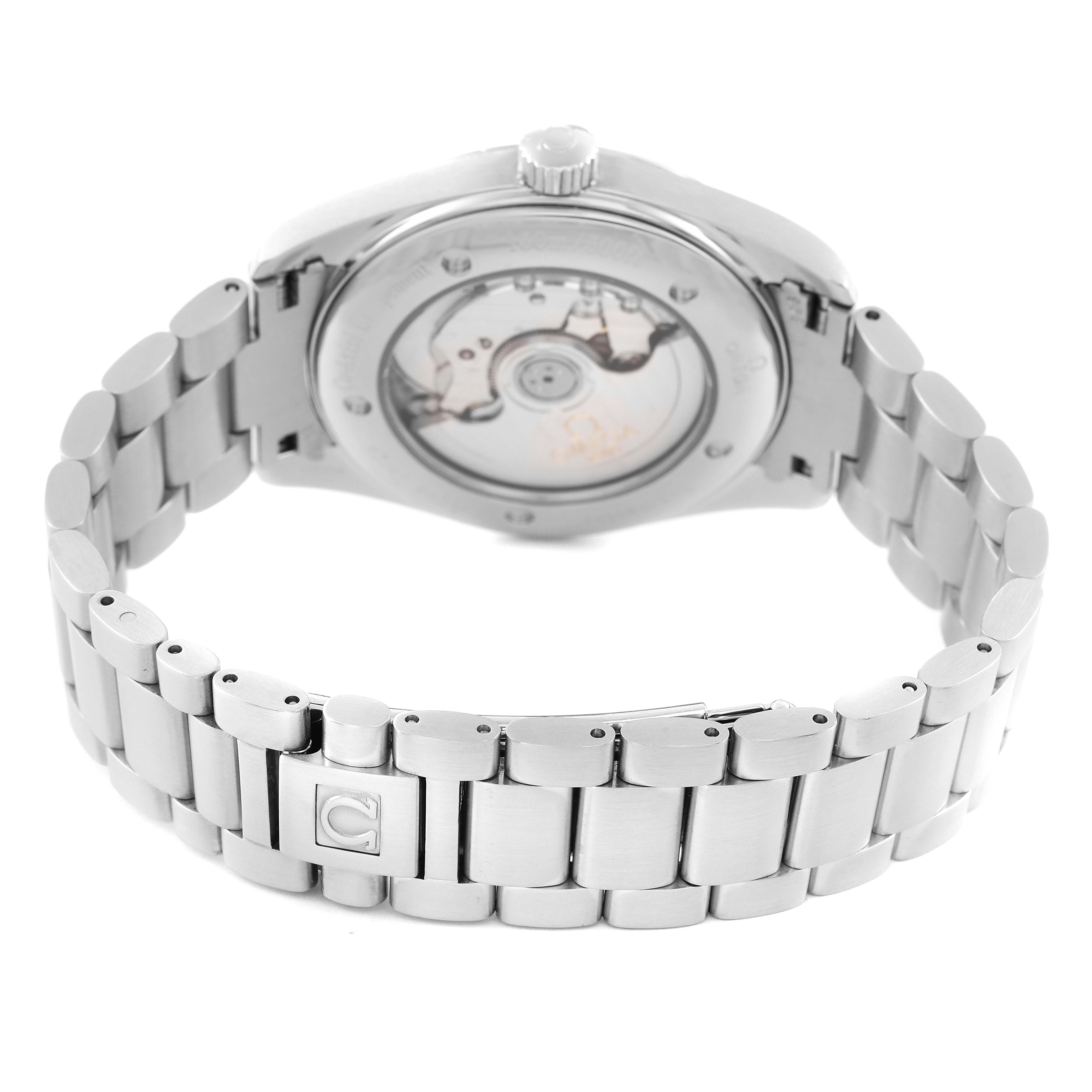 The image shows the back view of the Omega Aqua Terra 2503.30.00 Men
s Stainless Steel Silver Dial 2503.30.00 Men
s Stainless Steel Silver Dial watch, highlighting its bracelet and the transparent case back showcasing the movement.