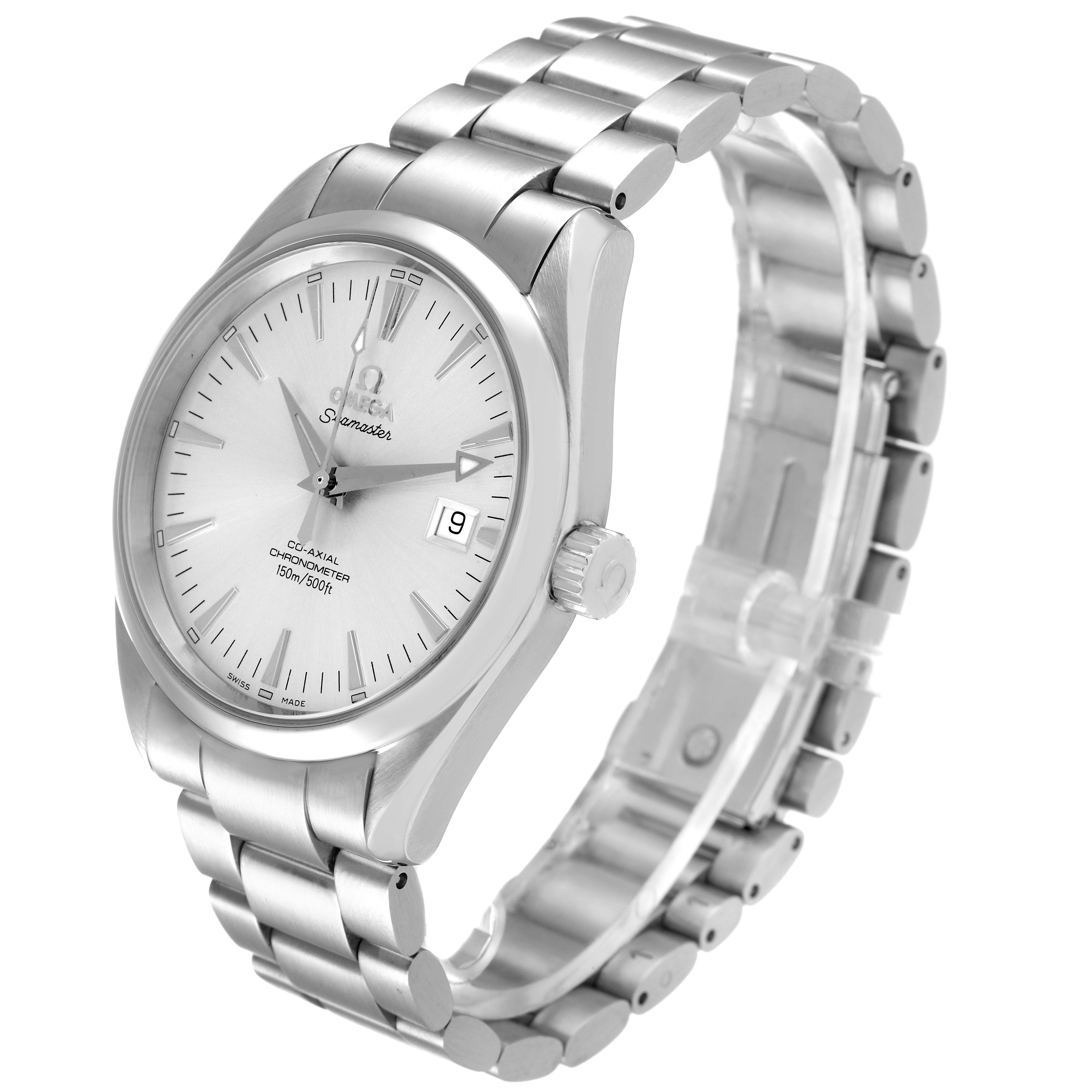 The Omega Aqua Terra 2503.30.00 Men
s Stainless Steel Silver Dial 2503.30.00 Men
s Stainless Steel Silver Dial watch is shown at a slight angle, displaying its dial, case, crown, and bracelet.
