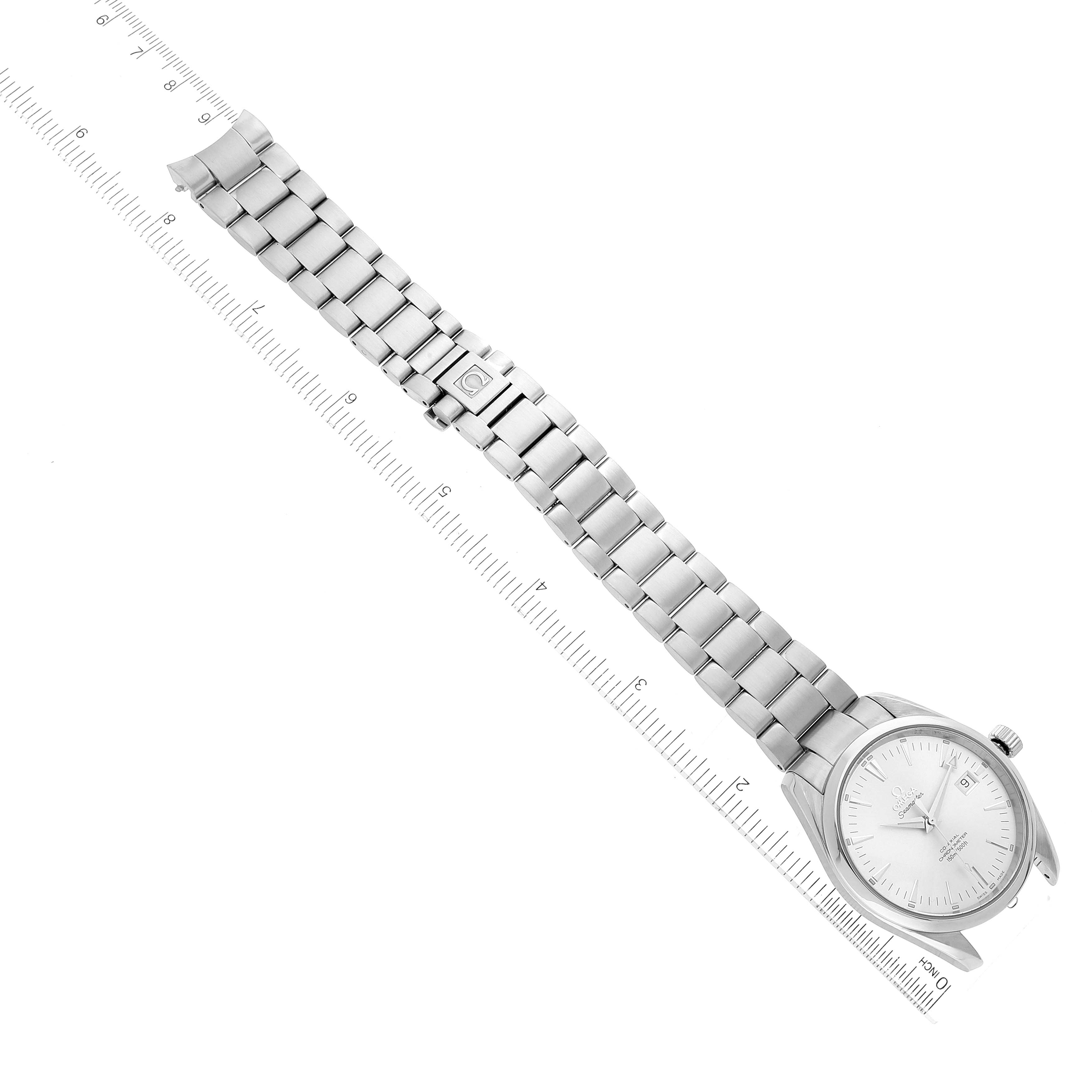 The image shows the Omega Aqua Terra 2503.30.00 Men
s Stainless Steel Silver Dial 2503.30.00 Men
s Stainless Steel Silver Dial watch placed flat with its metal bracelet and clasp extended, alongside a measuring ruler.