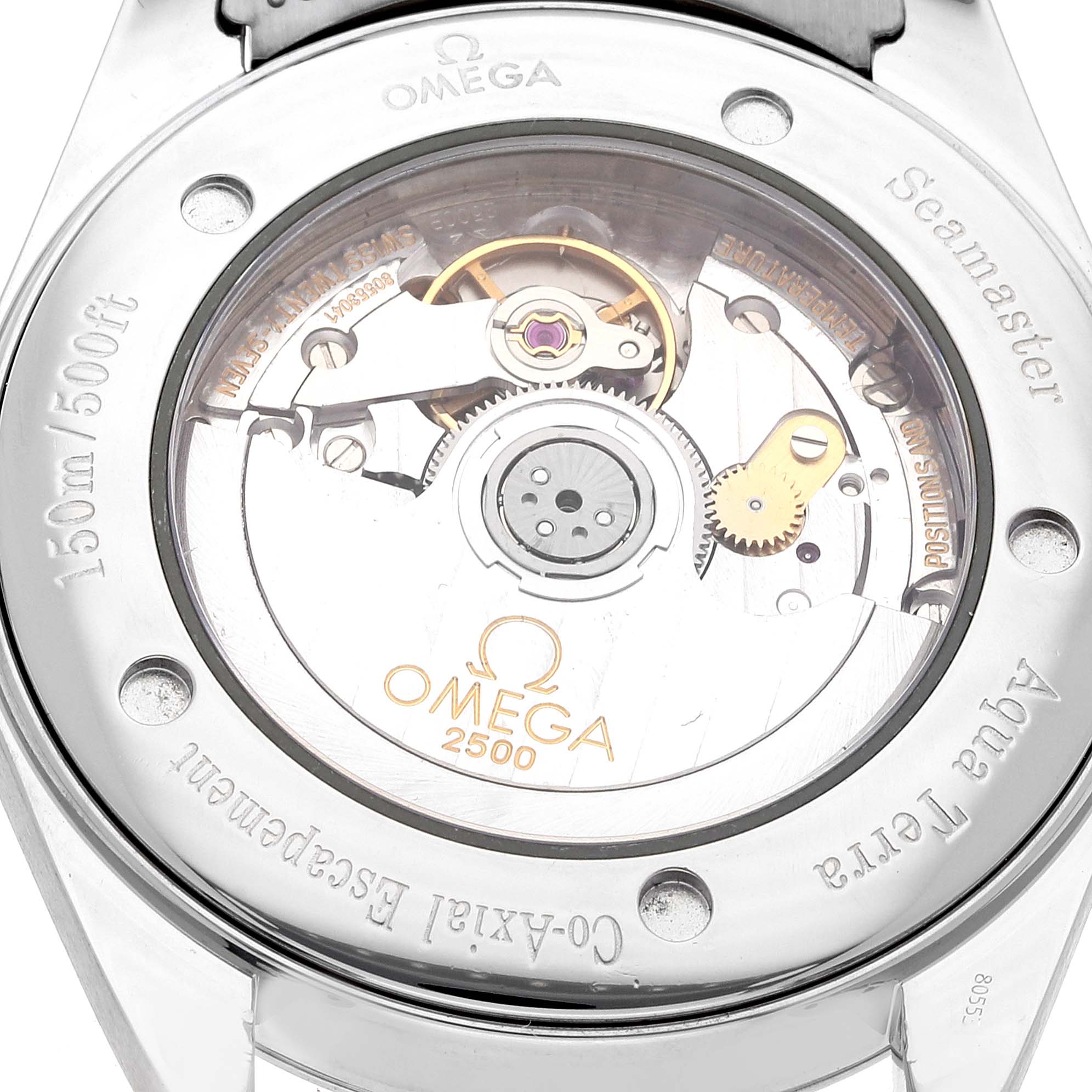 The image shows the back view of the Omega Aqua Terra 2503.30.00 Men
s Stainless Steel Silver Dial 2503.30.00 Men
s Stainless Steel Silver Dial watch, revealing its internal mechanical movement.