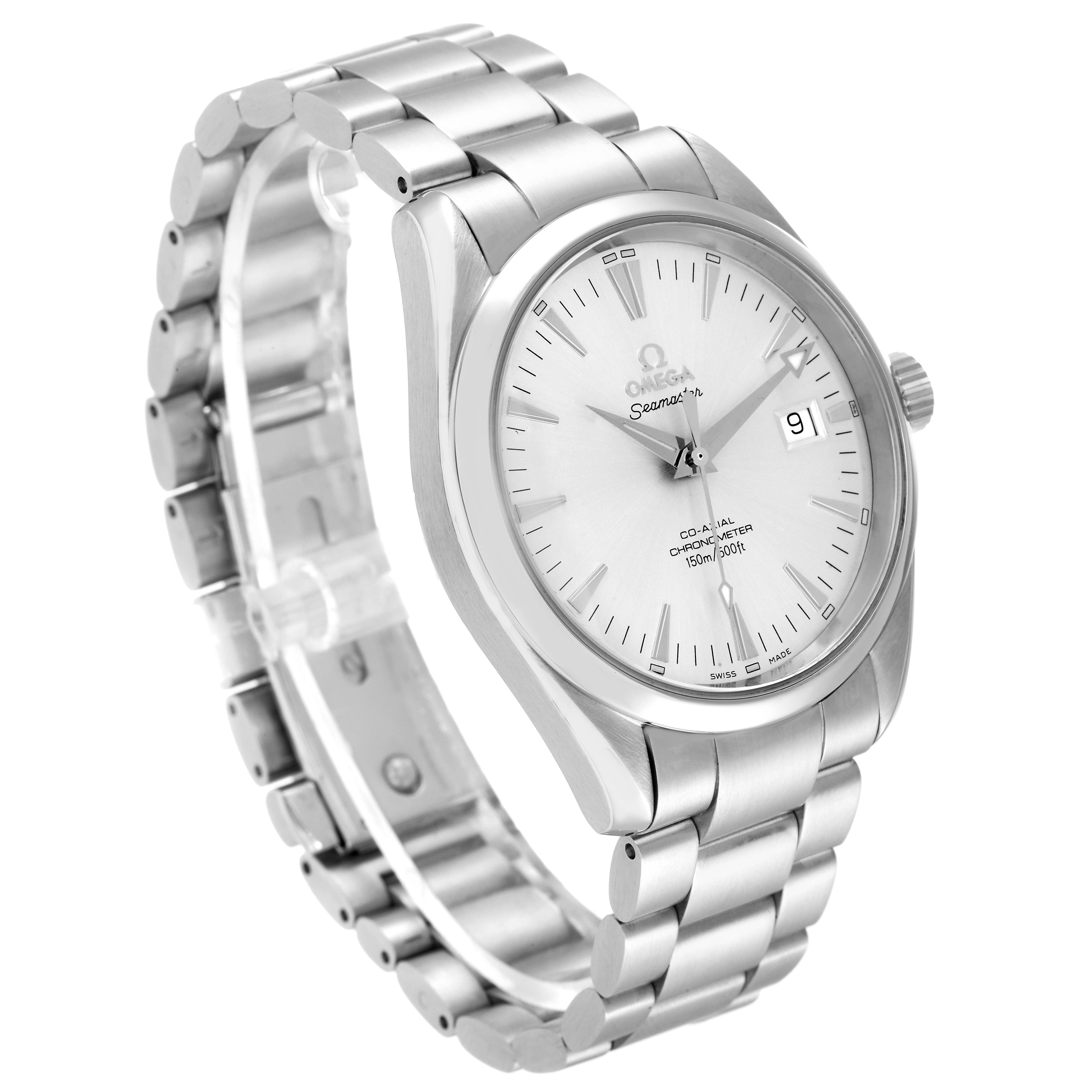 The image shows the Omega Aqua Terra 2503.30.00 Men
s Stainless Steel Silver Dial 2503.30.00 Men
s Stainless Steel Silver Dial watch at a three-quarter angle, highlighting its face, bracelet, and clasp.
