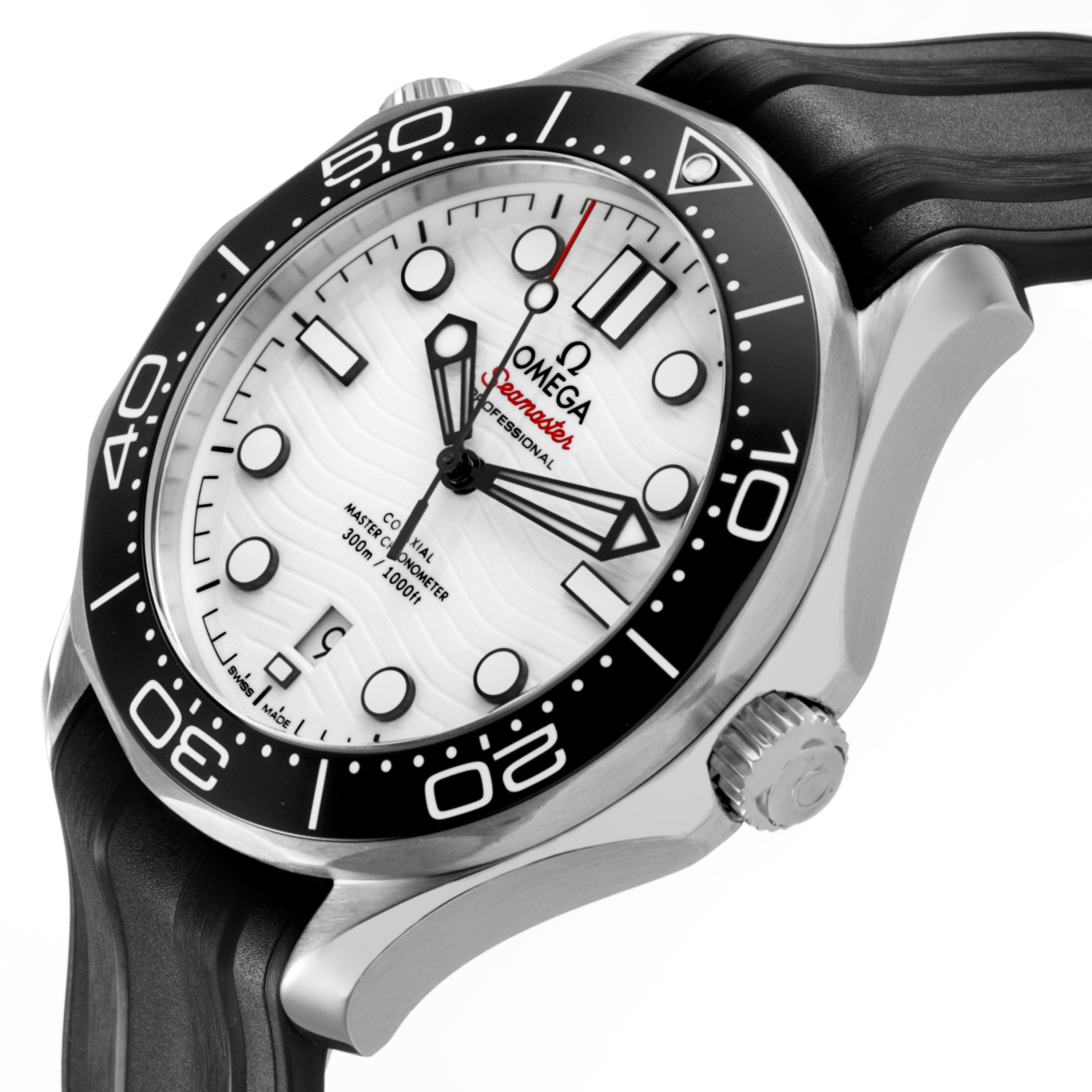 The Omega Seamaster 210.32.42.20.04.001 Men's Stainless Steel White Dial watch is shown at a three-quarter angle, highlighting the dial, bezel, crown, and strap.
