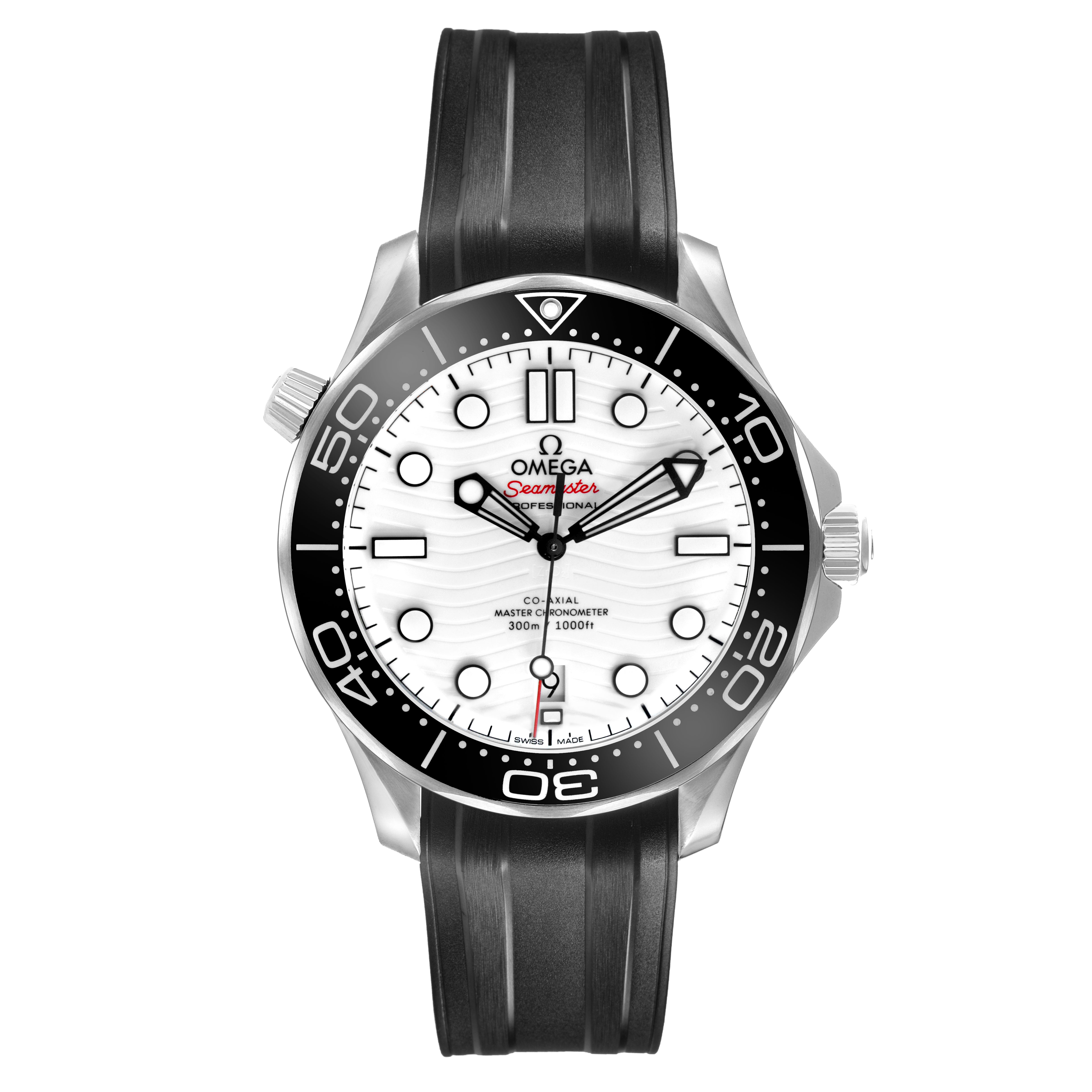 The Omega Seamaster 210.32.42.20.04.001 Men's Stainless Steel White Dial watch is shown from the front, displaying its dial, bezel, and rubber strap.