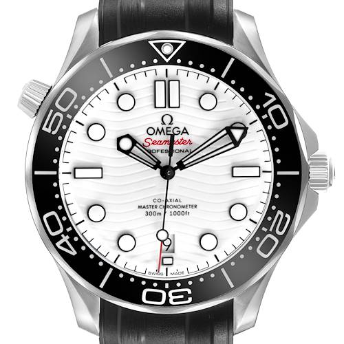 The Omega Seamaster 210.32.42.20.04.001 Men's Stainless Steel White Dial watch is shown from a front angle, displaying the face, bezel, crown, and part of the strap.