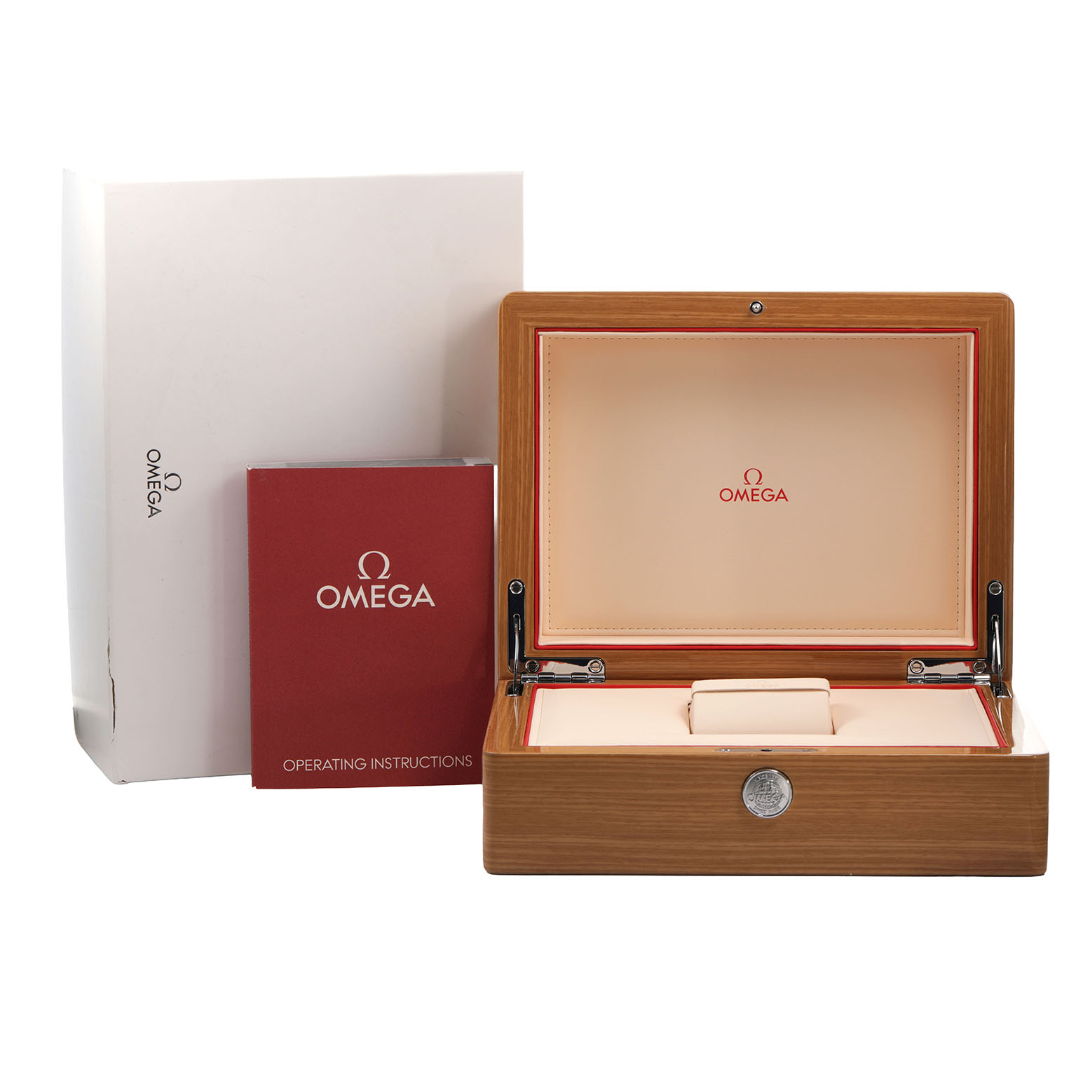 The image shows an open wooden Omega box for a Seamaster model with an instruction booklet and outer packaging.