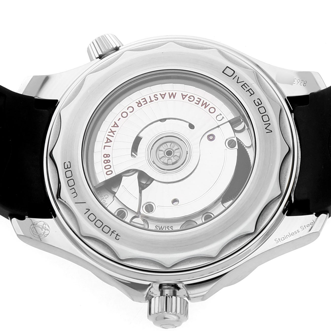 This image shows the back of the Omega Seamaster 210.32.42.20.04.001 Men's Stainless Steel White Dial, displaying its movement and stainless steel case.