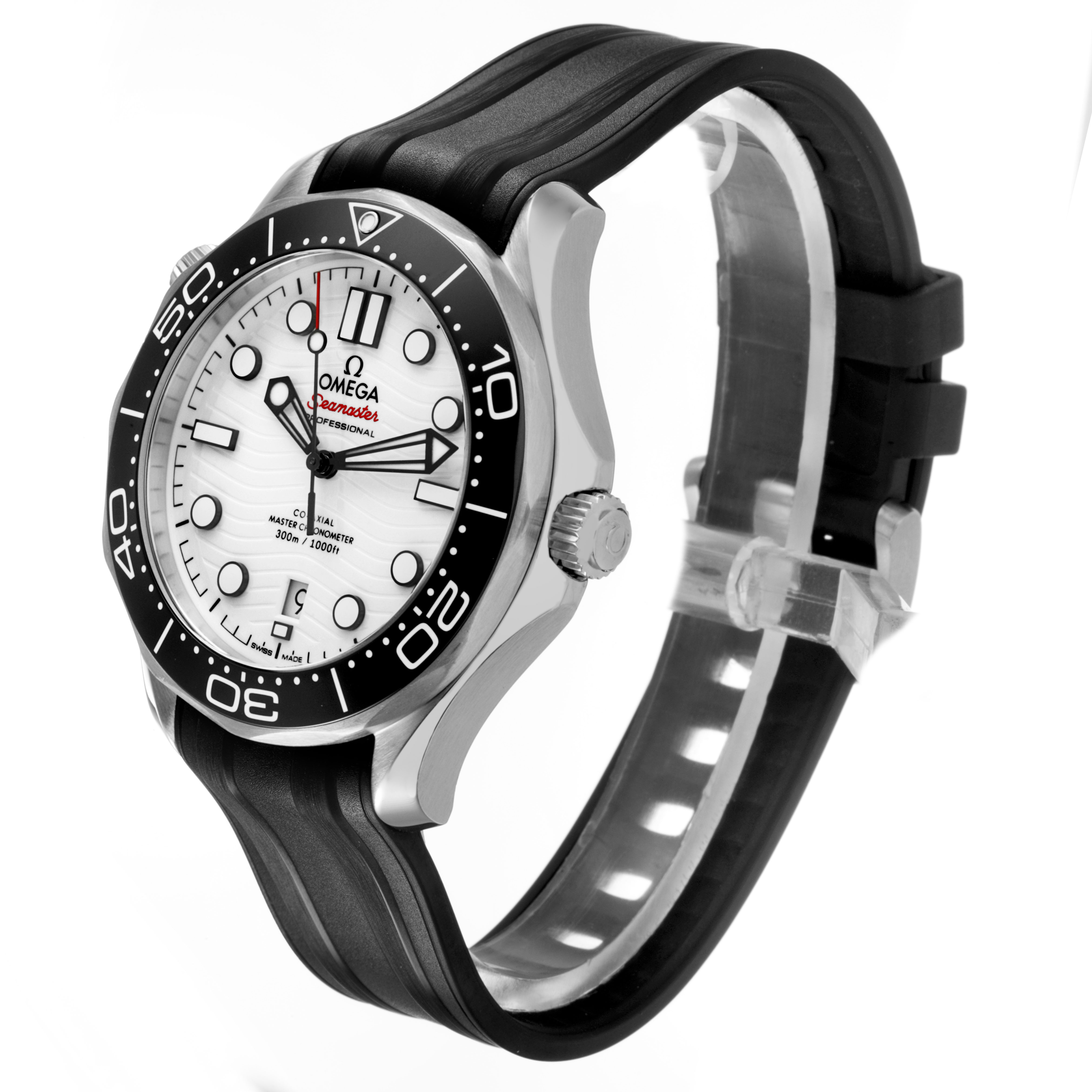 The Omega Seamaster 210.32.42.20.04.001 Men's Stainless Steel White Dial watch is shown at a three-quarter angle, highlighting its case, bezel, dial, and rubber strap.