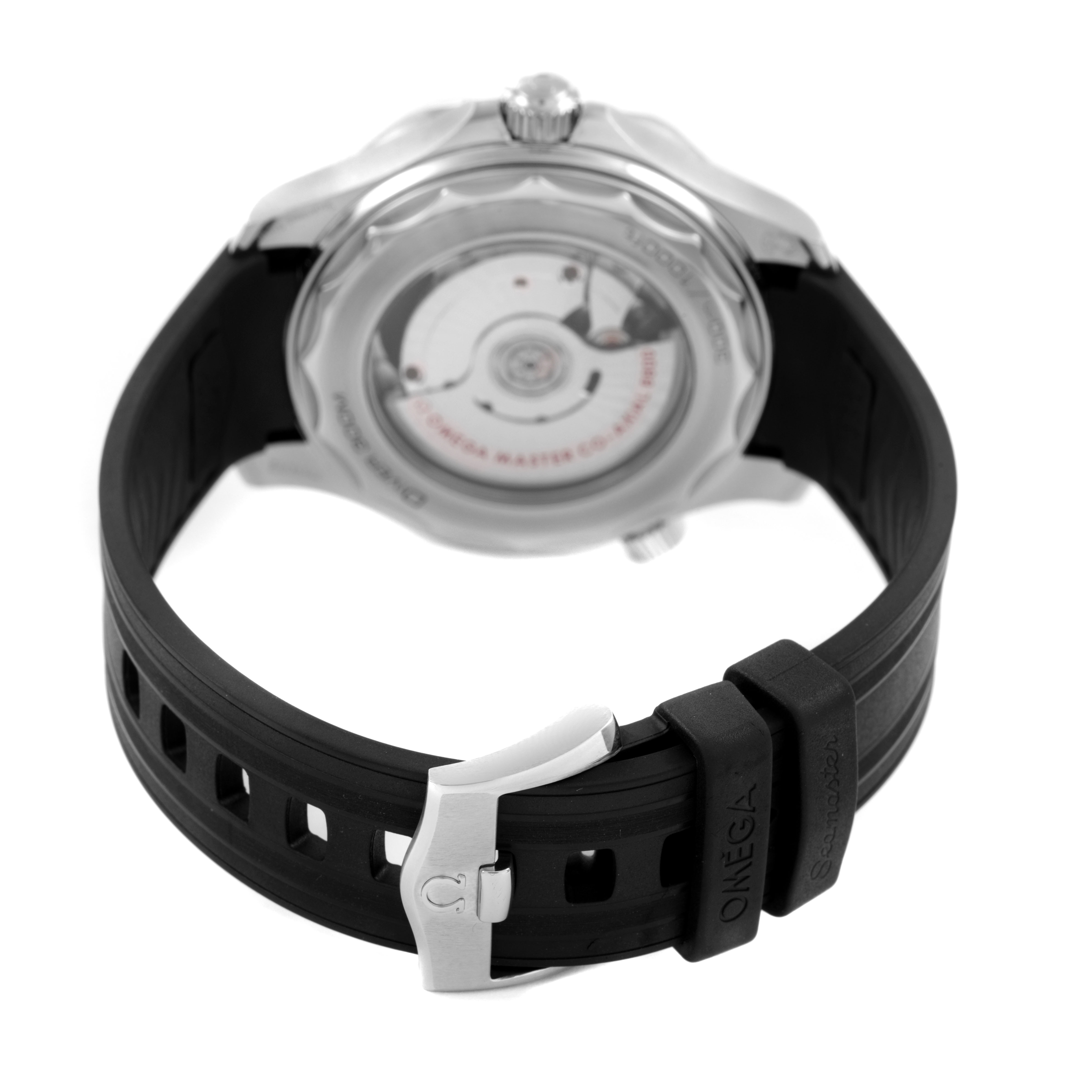 The Omega Seamaster 210.32.42.20.04.001 Men's Stainless Steel White Dial watch is shown from the back, displaying the case back, movement, and black rubber strap with buckle.