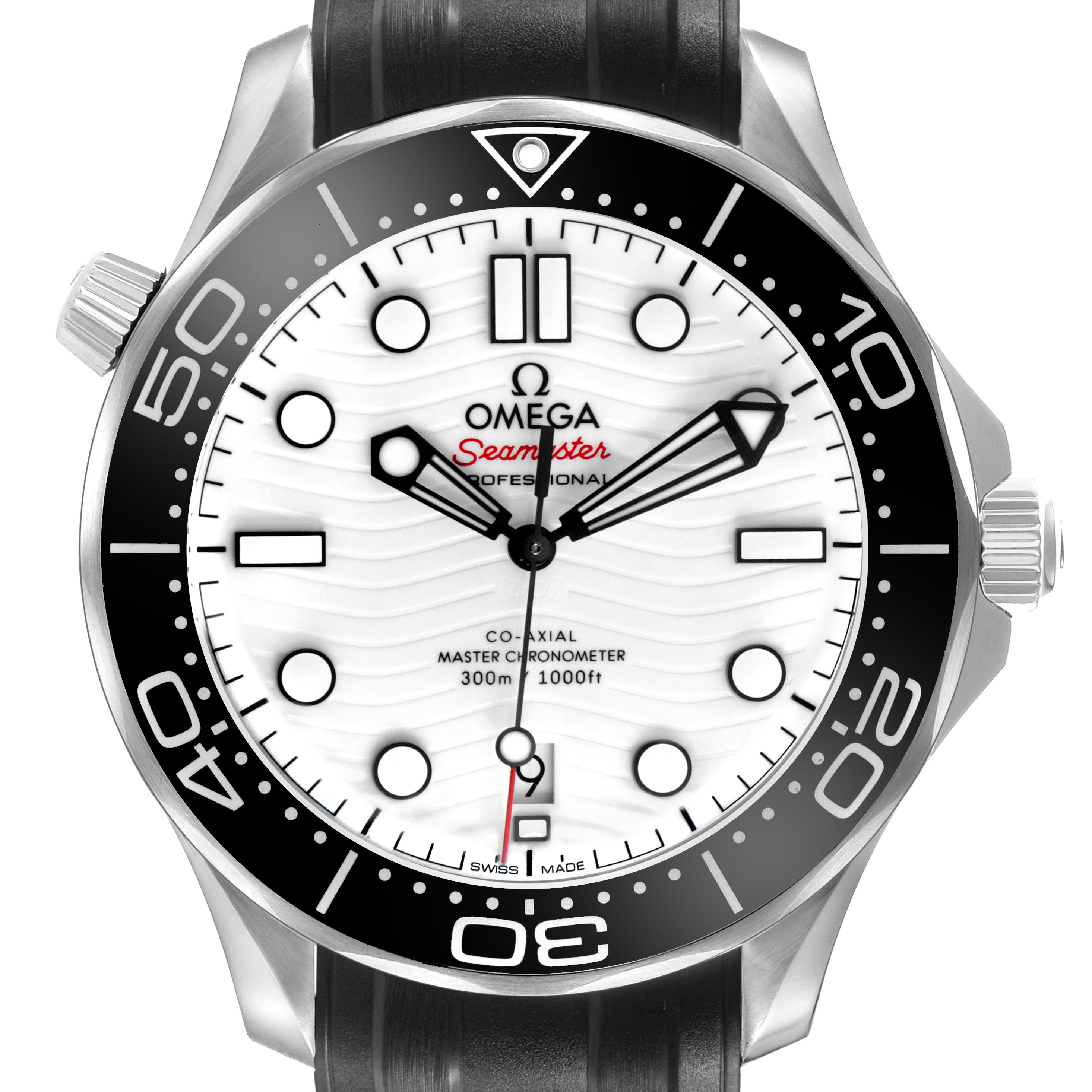The Omega Seamaster 210.32.42.20.04.001 Men's Stainless Steel White Dial watch is shown from the front, highlighting its dial, bezel, and crown.