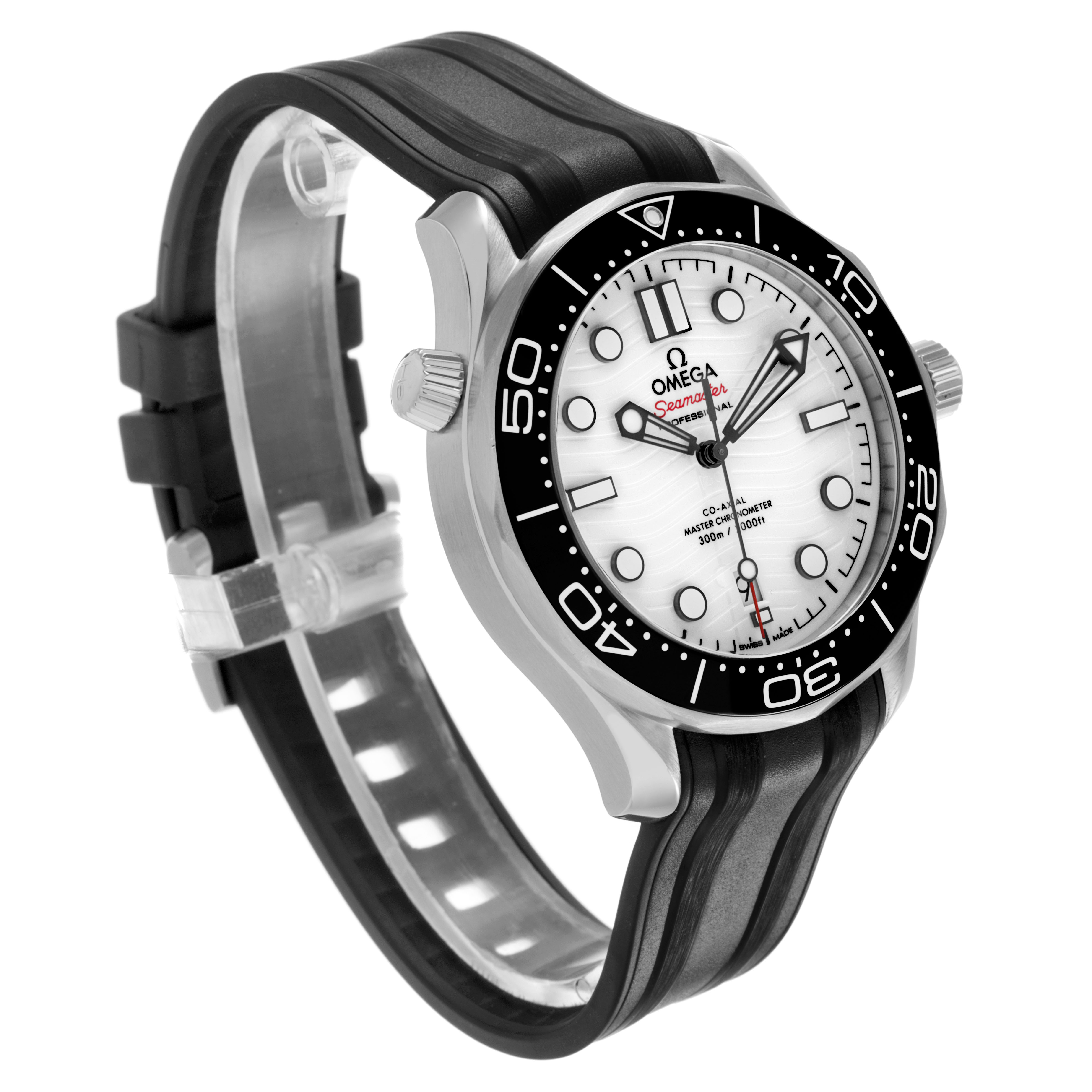 The Omega Seamaster 210.32.42.20.04.001 Men's Stainless Steel White Dial watch is shown at a tilted angle highlighting the dial, bezel, and rubber strap.