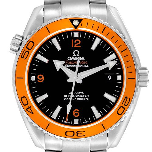 The Omega Seamaster watch is shown from the front, displaying the dial, orange bezel, and stainless steel bracelet.