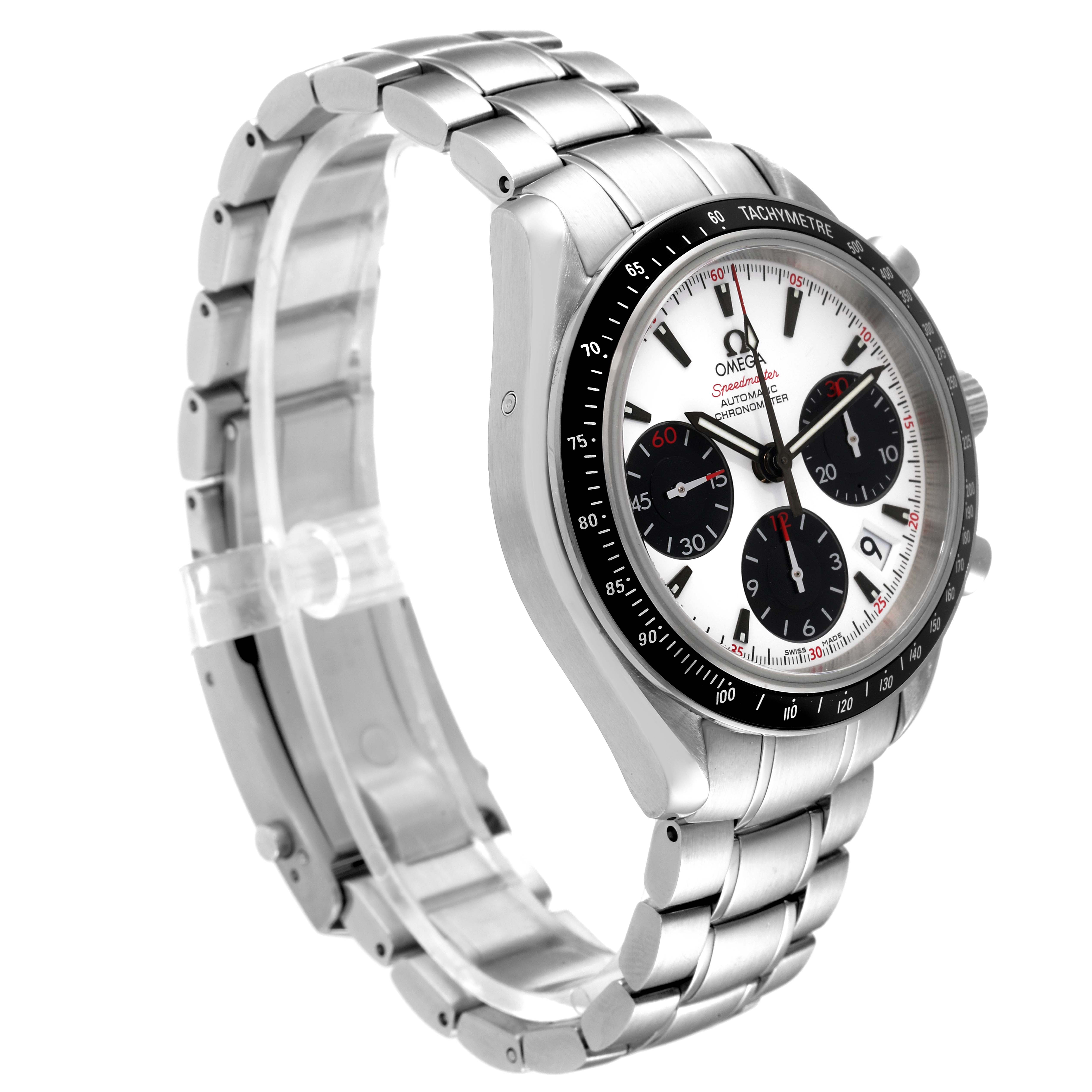 The Omega Speedmaster 323.30.40.40.04.001 Men's Stainless Steel White Dial 323.30.40.40.04.001 Men's Stainless Steel White Dial watch is shown at a left-angle view, displaying the dial, tachymeter bezel, and stainless steel bracelet.