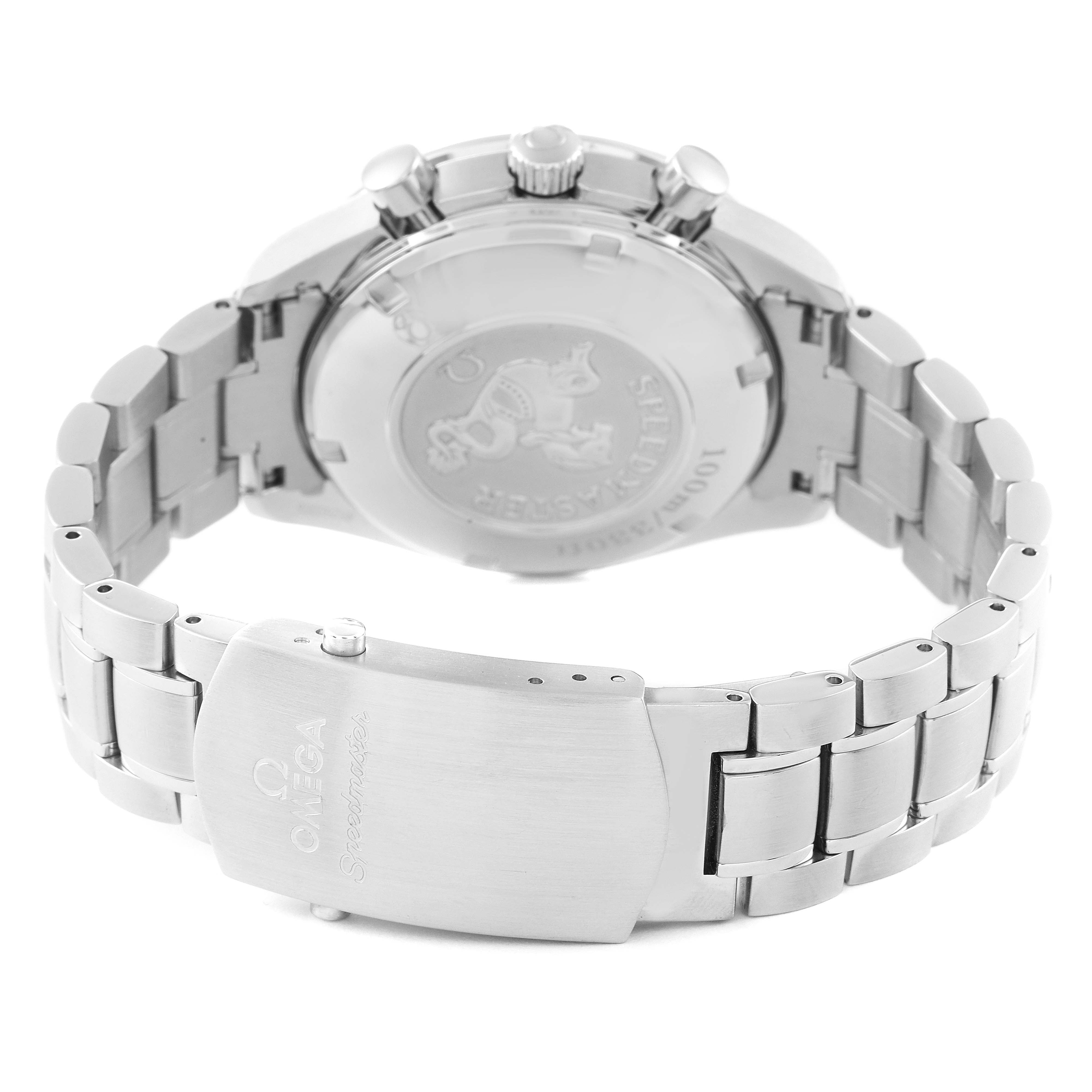 The image shows the back view of an Omega Speedmaster 323.30.40.40.04.001 Men's Stainless Steel White Dial 323.30.40.40.04.001 Men's Stainless Steel White Dial watch, highlighting its clasp, bracelet, and case back.