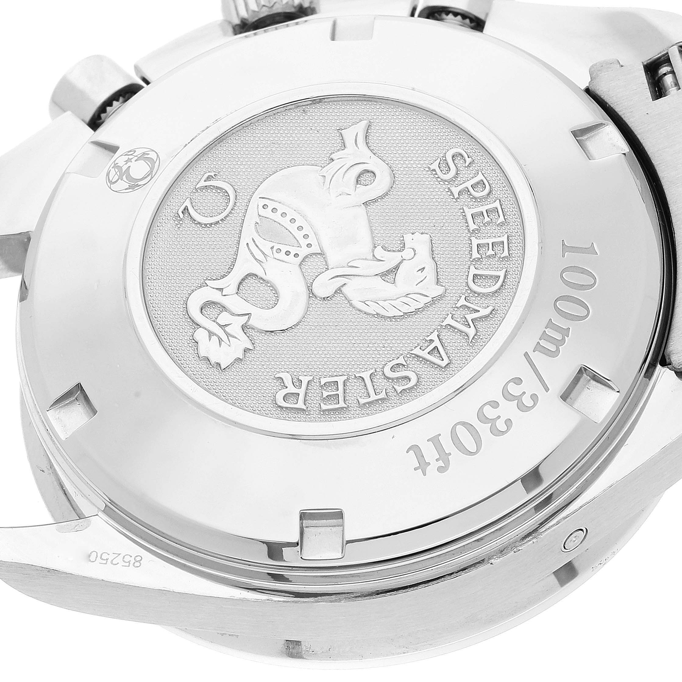 The image shows the back case of an Omega Speedmaster 323.30.40.40.04.001 Men's Stainless Steel White Dial 323.30.40.40.04.001 Men's Stainless Steel White Dial watch, displaying the brand's logo and water resistance details.