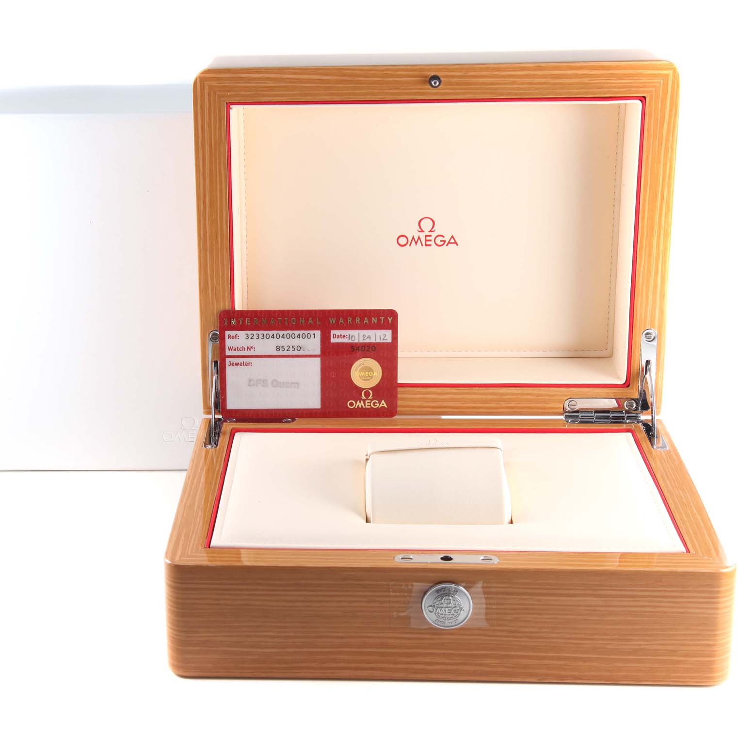 The image shows an Omega Speedmaster 323.30.40.40.04.001 Men's Stainless Steel White Dial 323.30.40.40.04.001 Men's Stainless Steel White Dial watch box with an international warranty card inside.