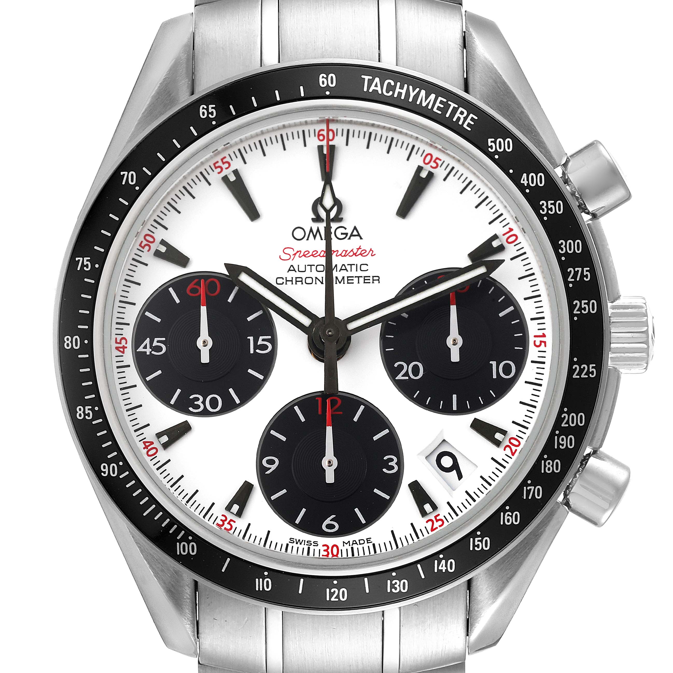 The Omega Speedmaster 323.30.40.40.04.001 Men's Stainless Steel White Dial 323.30.40.40.04.001 Men's Stainless Steel White Dial watch is shown from a front angle, displaying its dial, bezel, subdials, and tachymeter scale.