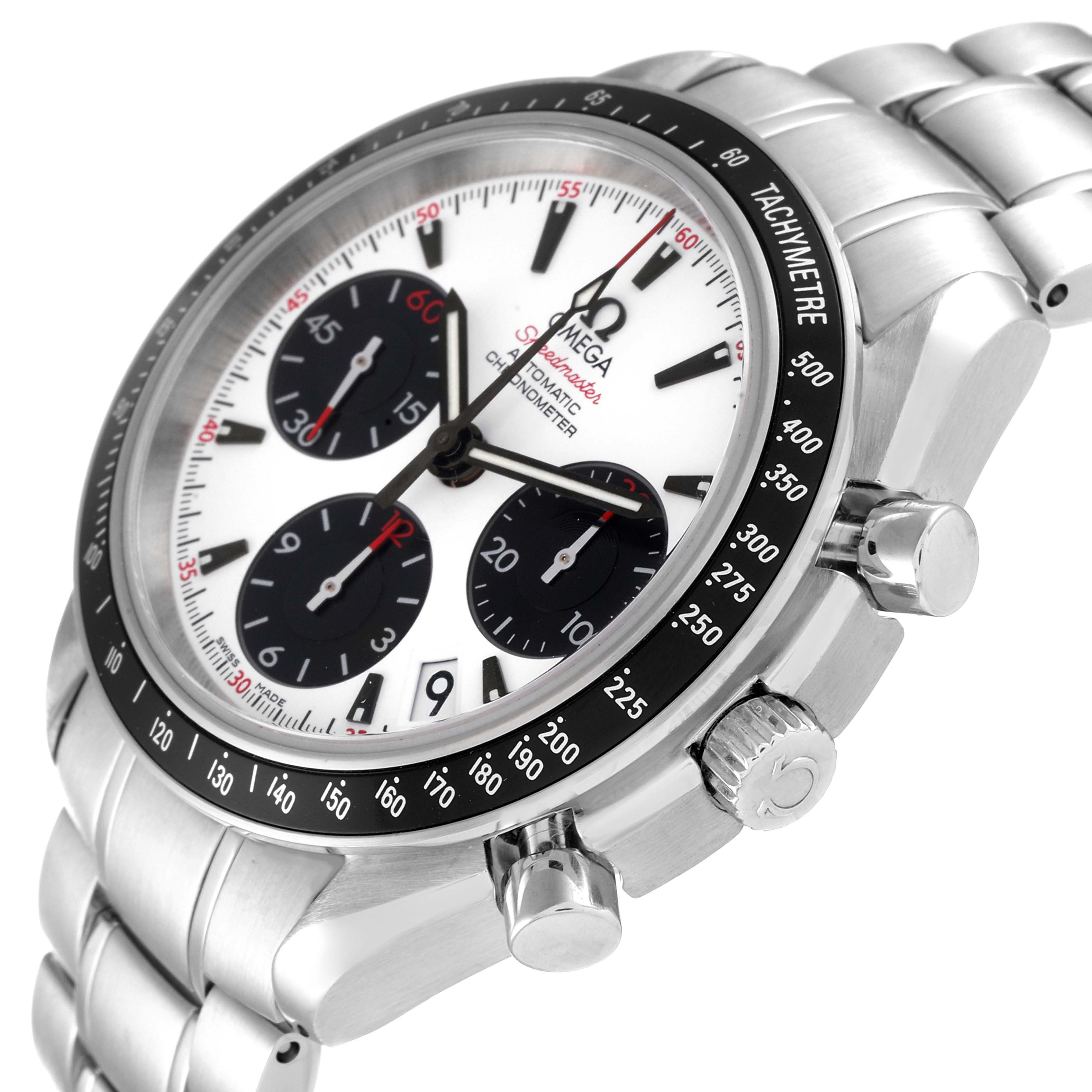 The image shows an Omega Speedmaster 323.30.40.40.04.001 Men's Stainless Steel White Dial 323.30.40.40.04.001 Men's Stainless Steel White Dial watch at a three-quarter angle, focusing on the dial, tachymeter bezel, and chronograph pushers.