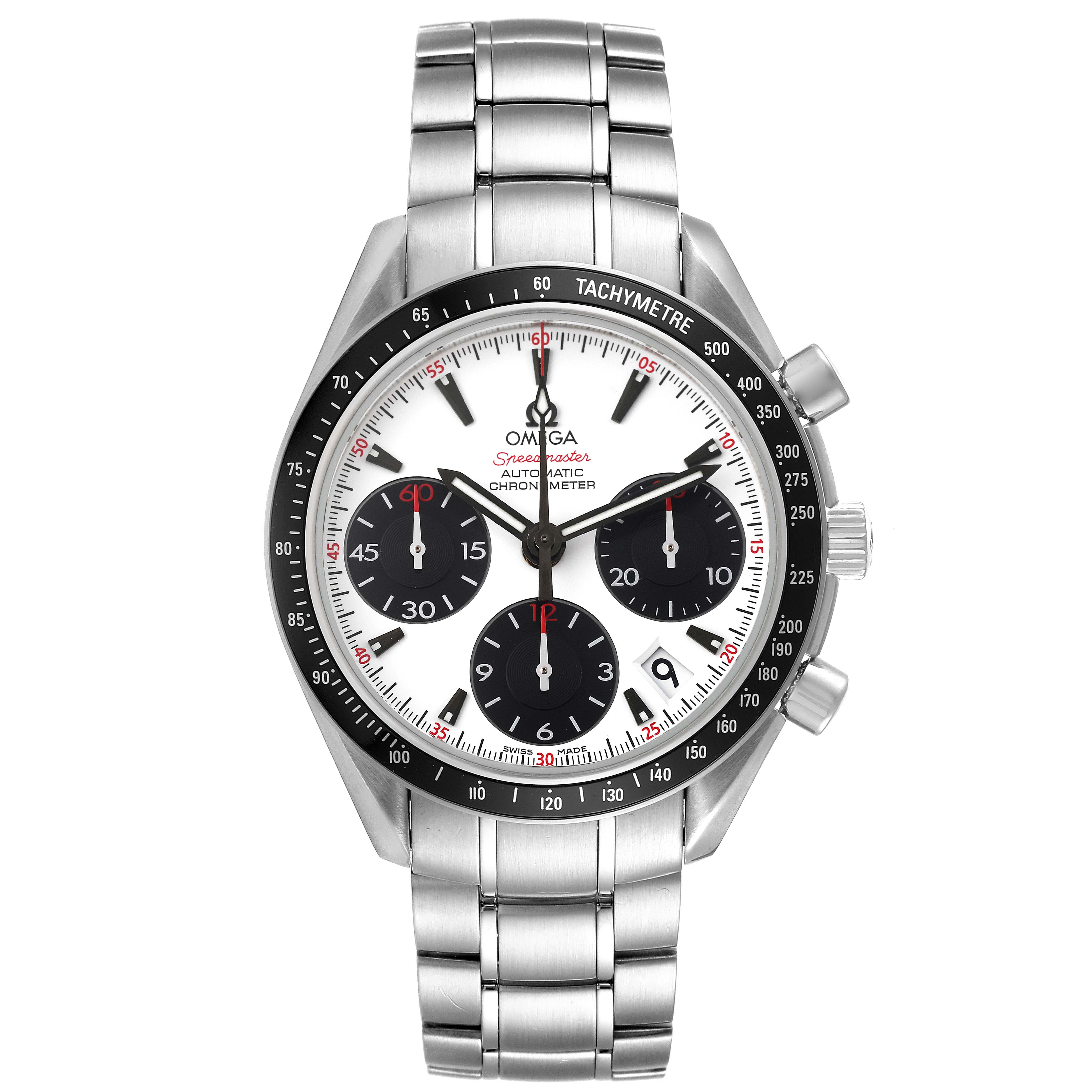 This image shows the front view of an Omega Speedmaster 323.30.40.40.04.001 Men's Stainless Steel White Dial 323.30.40.40.04.001 Men's Stainless Steel White Dial watch with a white dial, black subdials, and a stainless steel bracelet.