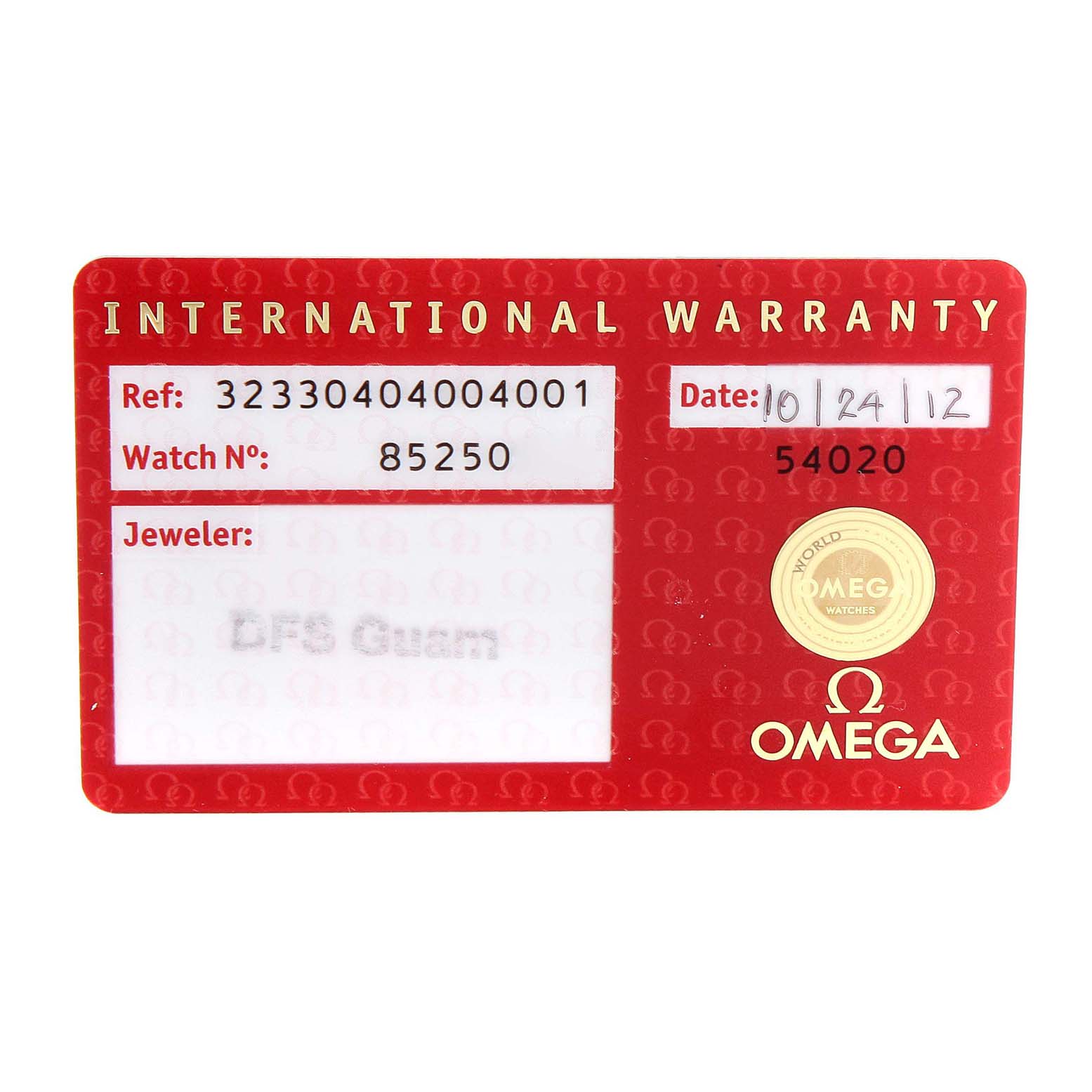 This image shows the Omega Speedmaster 323.30.40.40.04.001 Men's Stainless Steel White Dial 323.30.40.40.04.001 Men's Stainless Steel White Dial's International Warranty card displaying reference number, watch number, jeweler, and date of purchase.