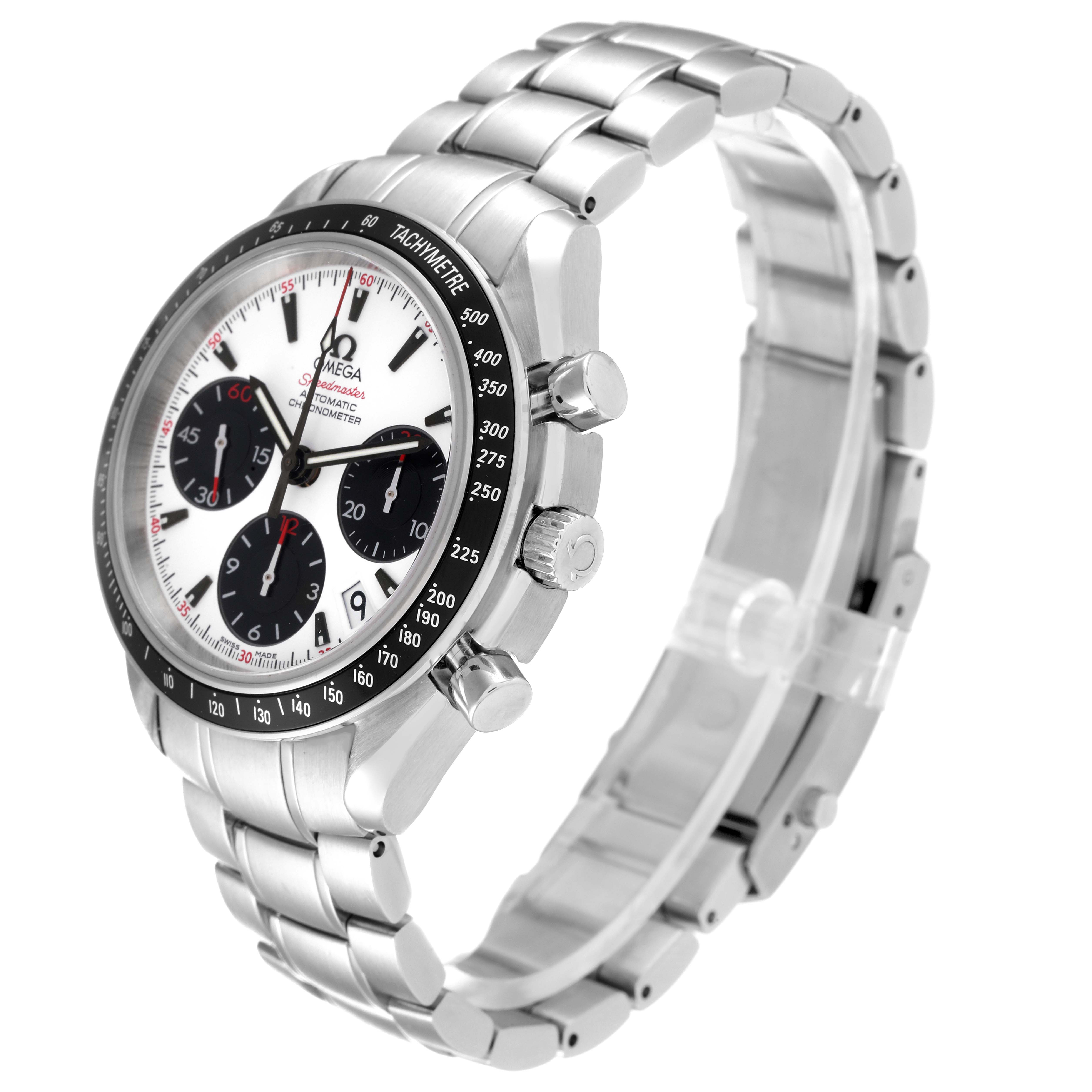This image shows the Omega Speedmaster 323.30.40.40.04.001 Men's Stainless Steel White Dial 323.30.40.40.04.001 Men's Stainless Steel White Dial watch at a 3 o’clock angle, highlighting the bezel, crown, chronograph buttons, and stainless steel bracelet.