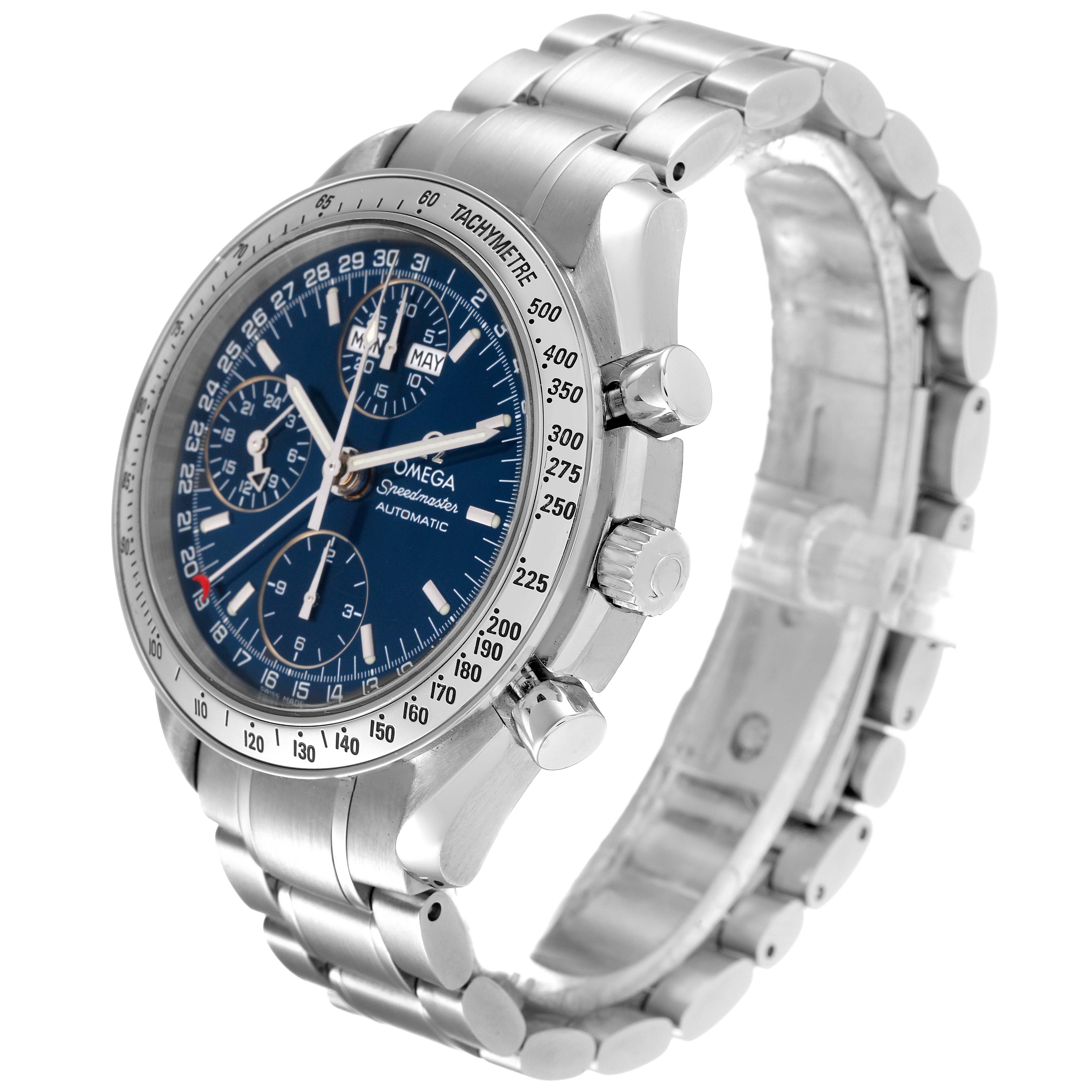 The Omega Speedmaster 3523.80.00 Men's Stainless Steel Blue Dial 3523.80.00 Men's Stainless Steel Blue Dial watch is shown at an angle, displaying the dial, tachymeter bezel, pushers, crown, and bracelet.