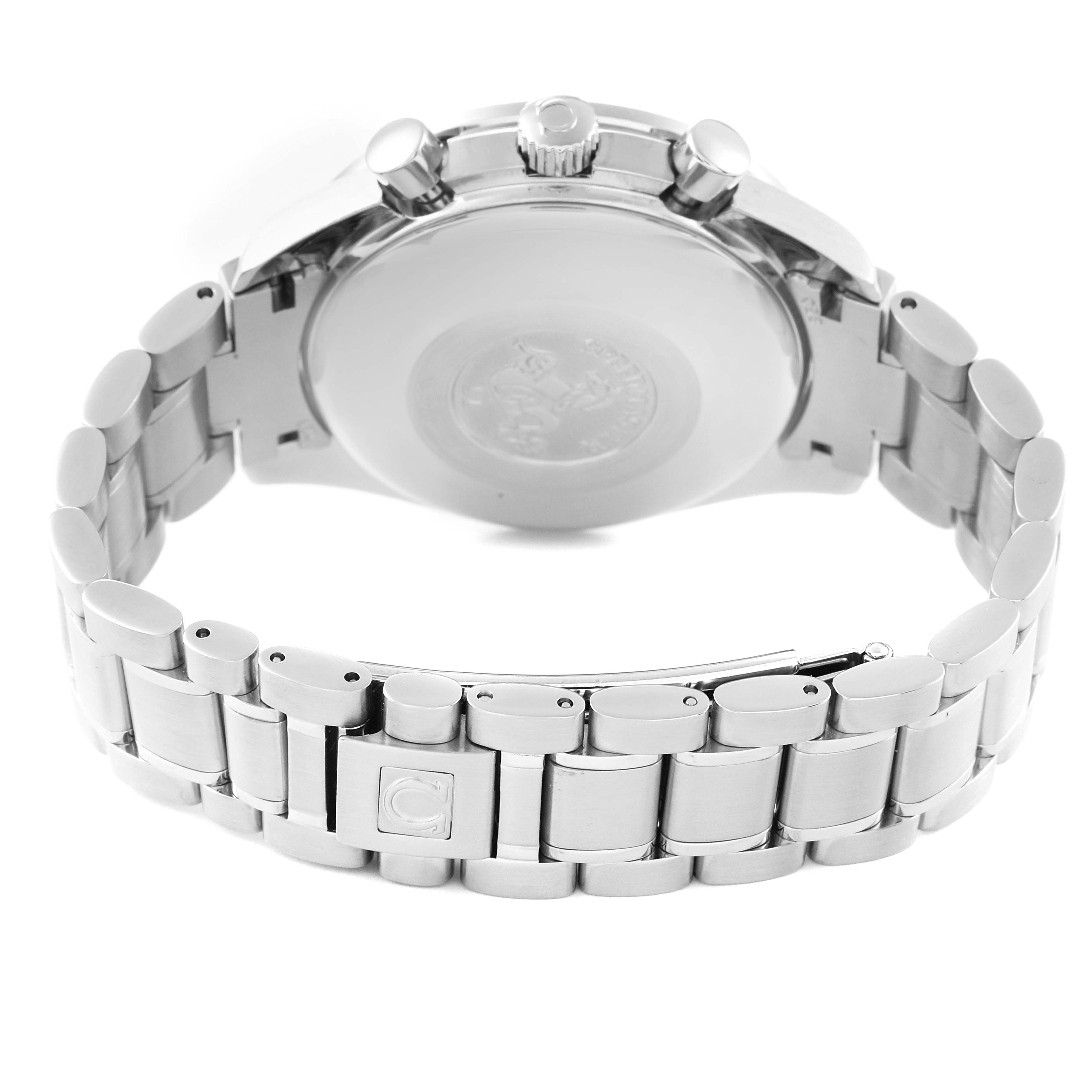 This image shows the back view of an Omega Speedmaster 3523.80.00 Men's Stainless Steel Blue Dial 3523.80.00 Men's Stainless Steel Blue Dial watch, highlighting the bracelet, clasp, and case back.