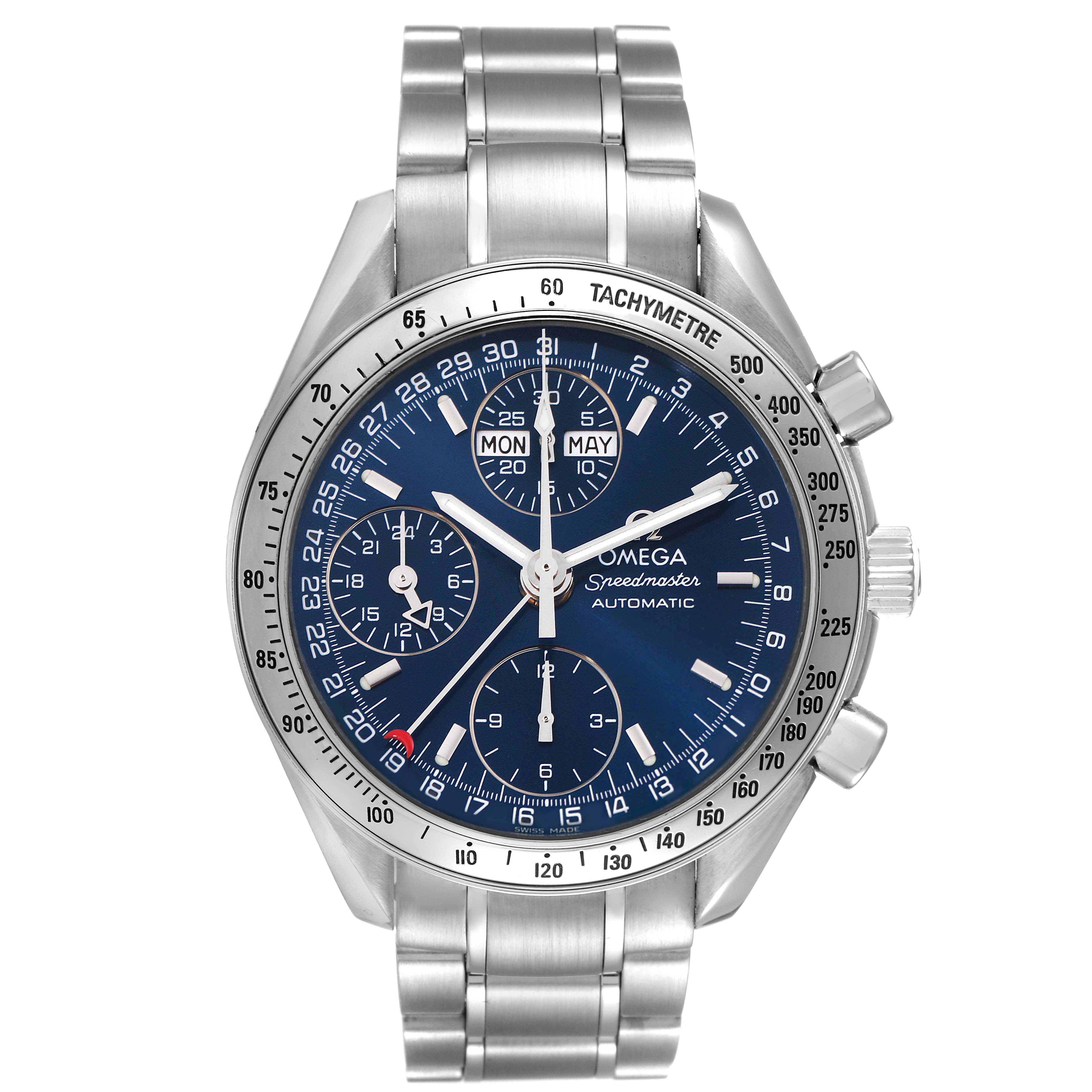 This image shows the front view of an Omega Speedmaster 3523.80.00 Men's Stainless Steel Blue Dial 3523.80.00 Men's Stainless Steel Blue Dial watch, highlighting the dial, bezel, subdials, and metal bracelet.