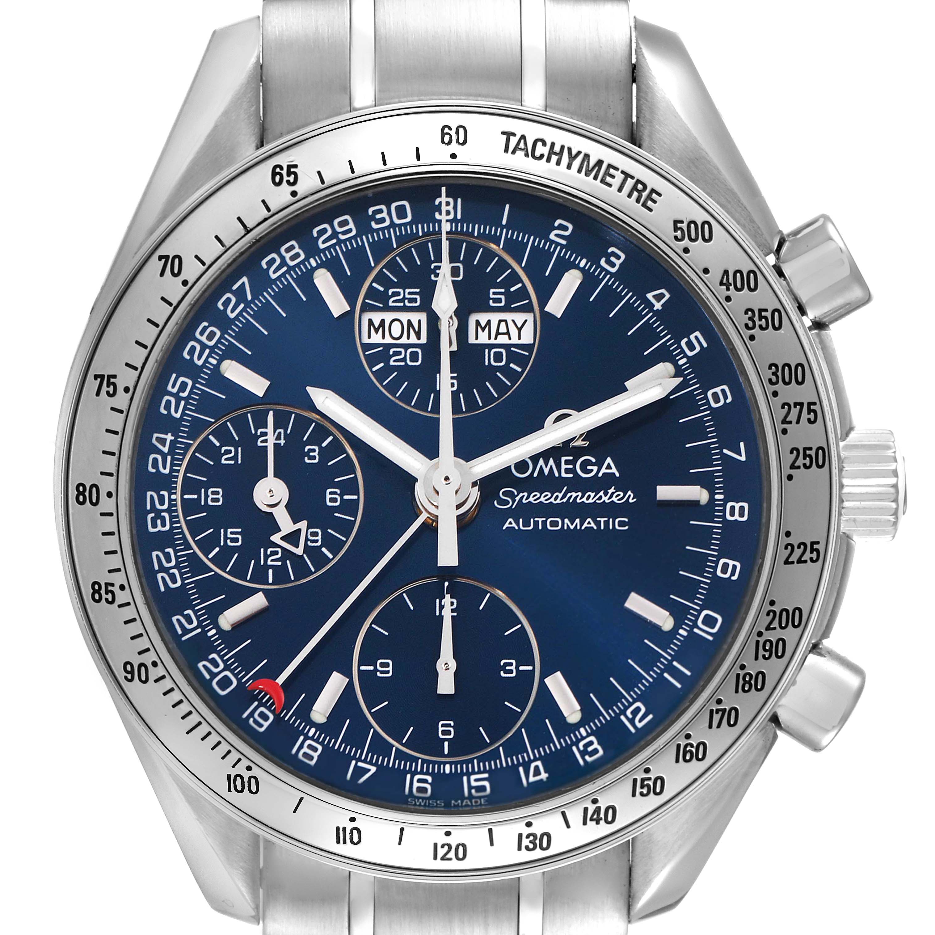 The image shows a front view of an Omega Speedmaster 3523.80.00 Men's Stainless Steel Blue Dial 3523.80.00 Men's Stainless Steel Blue Dial watch, highlighting its dial, subdials, crown, and tachymeter bezel.