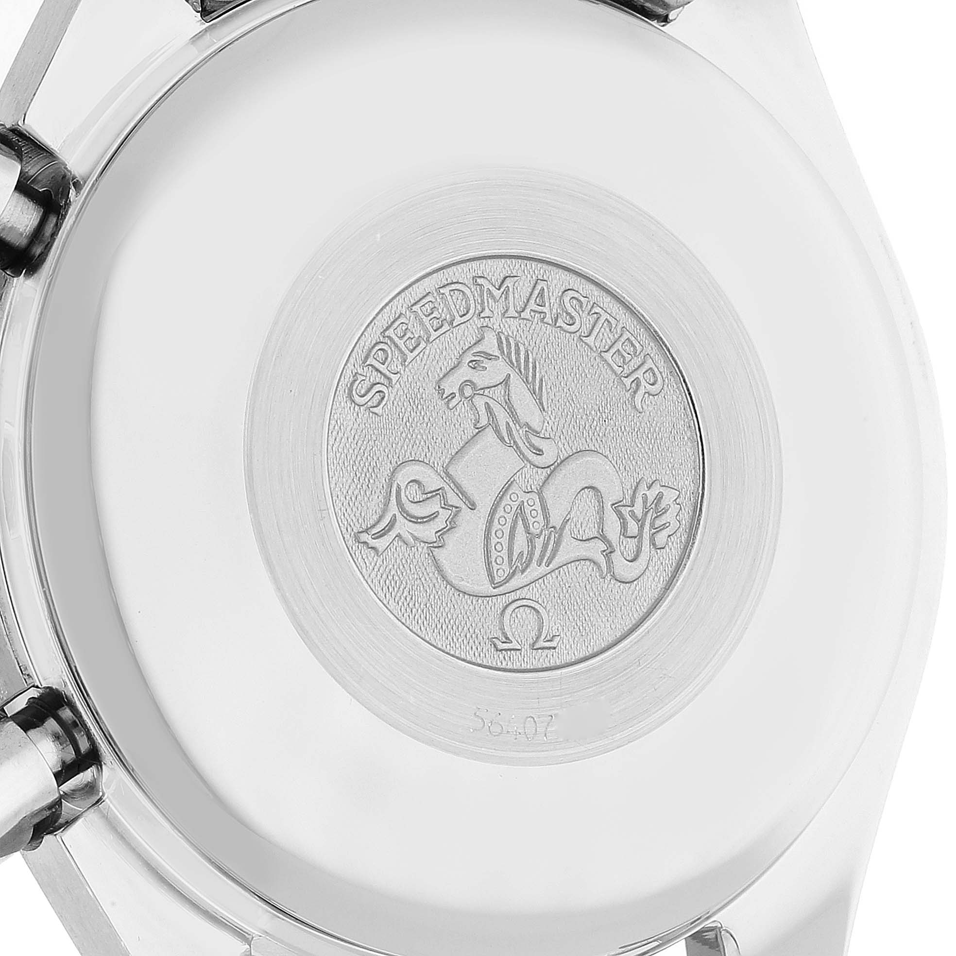 The image shows the back case of an Omega Speedmaster 3523.80.00 Men's Stainless Steel Blue Dial 3523.80.00 Men's Stainless Steel Blue Dial watch, featuring the Speedmaster engraving and logo.