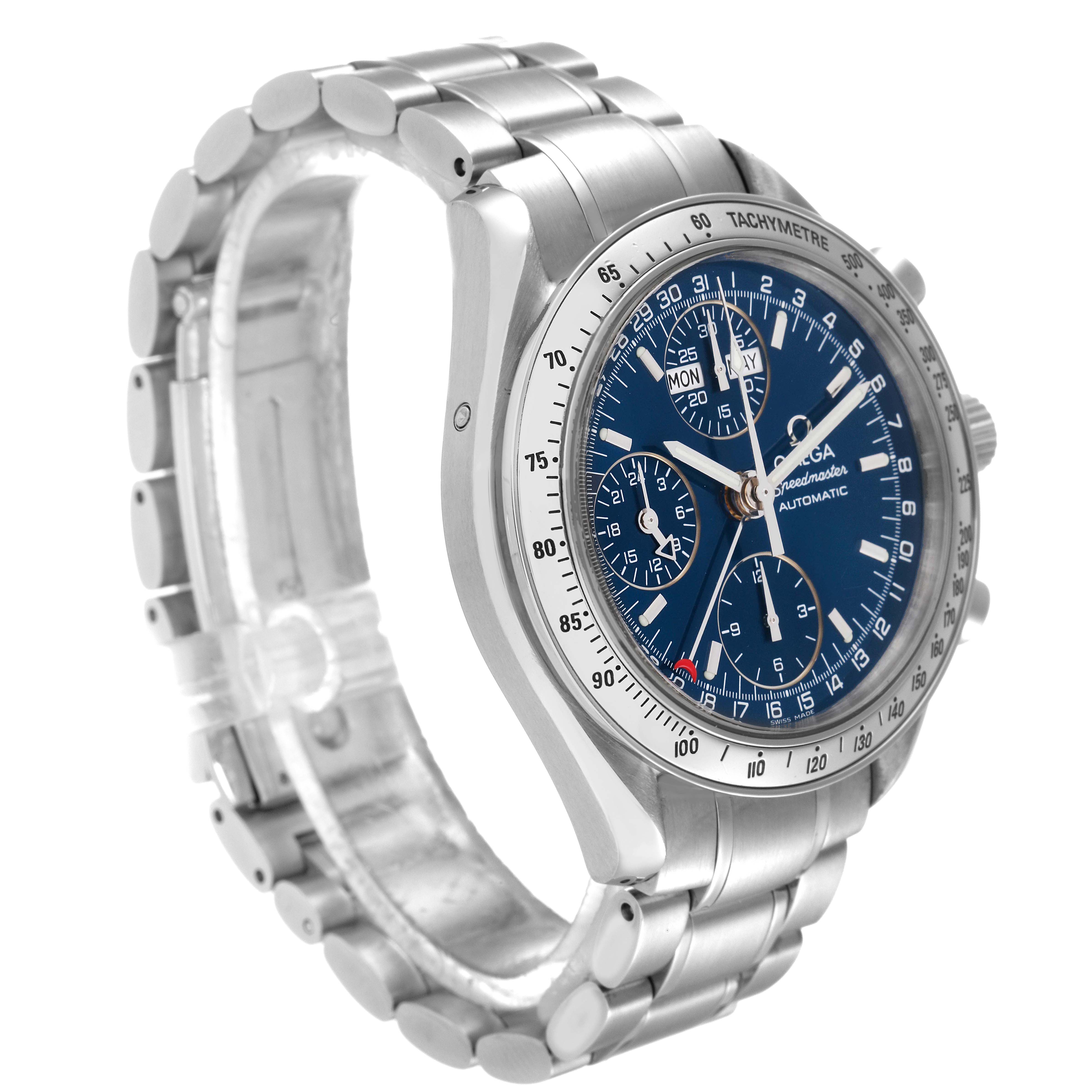 This is an angled view of the Omega Speedmaster 3523.80.00 Men's Stainless Steel Blue Dial 3523.80.00 Men's Stainless Steel Blue Dial, showing its stainless steel bracelet, case, and blue dial with sub-dials.