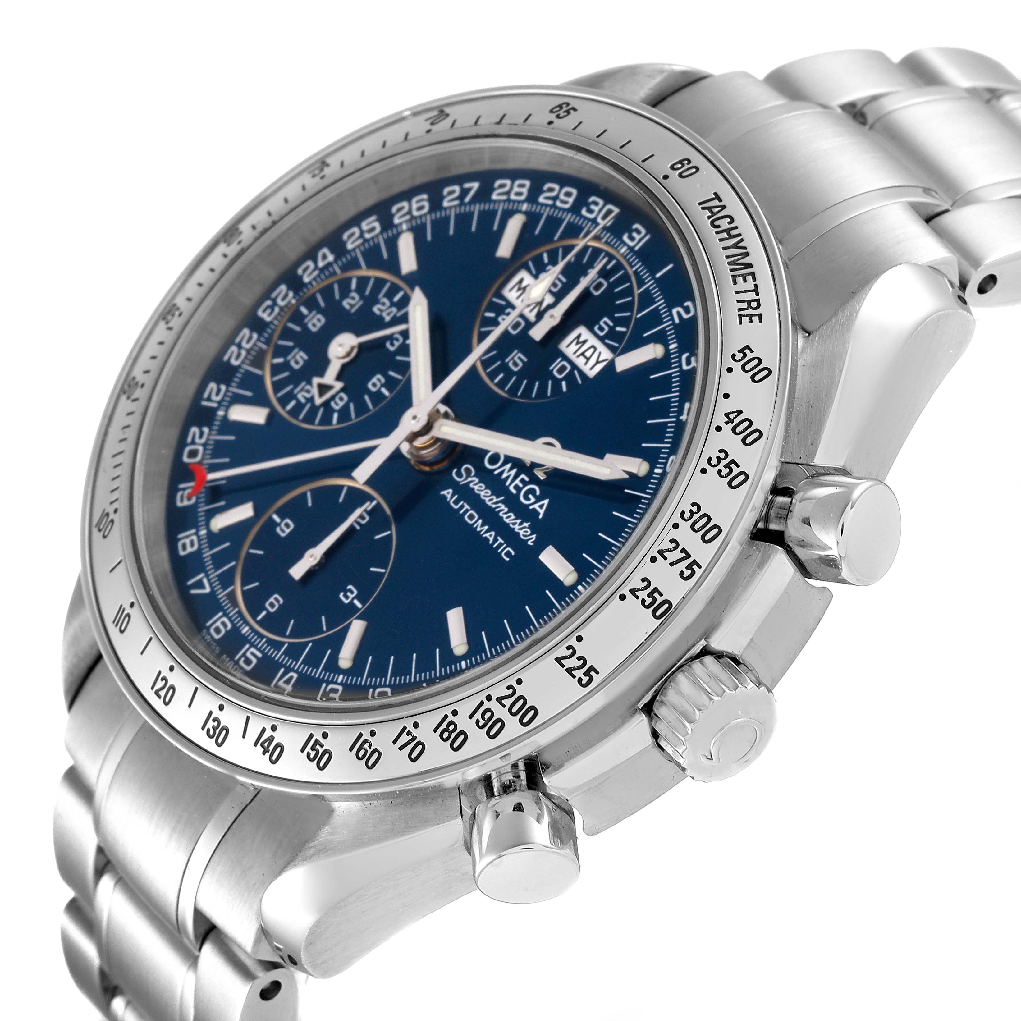 The image shows a side angle of an Omega Speedmaster 3523.80.00 Men's Stainless Steel Blue Dial 3523.80.00 Men's Stainless Steel Blue Dial watch, highlighting the face, bezel, crown, and chronograph pushers.