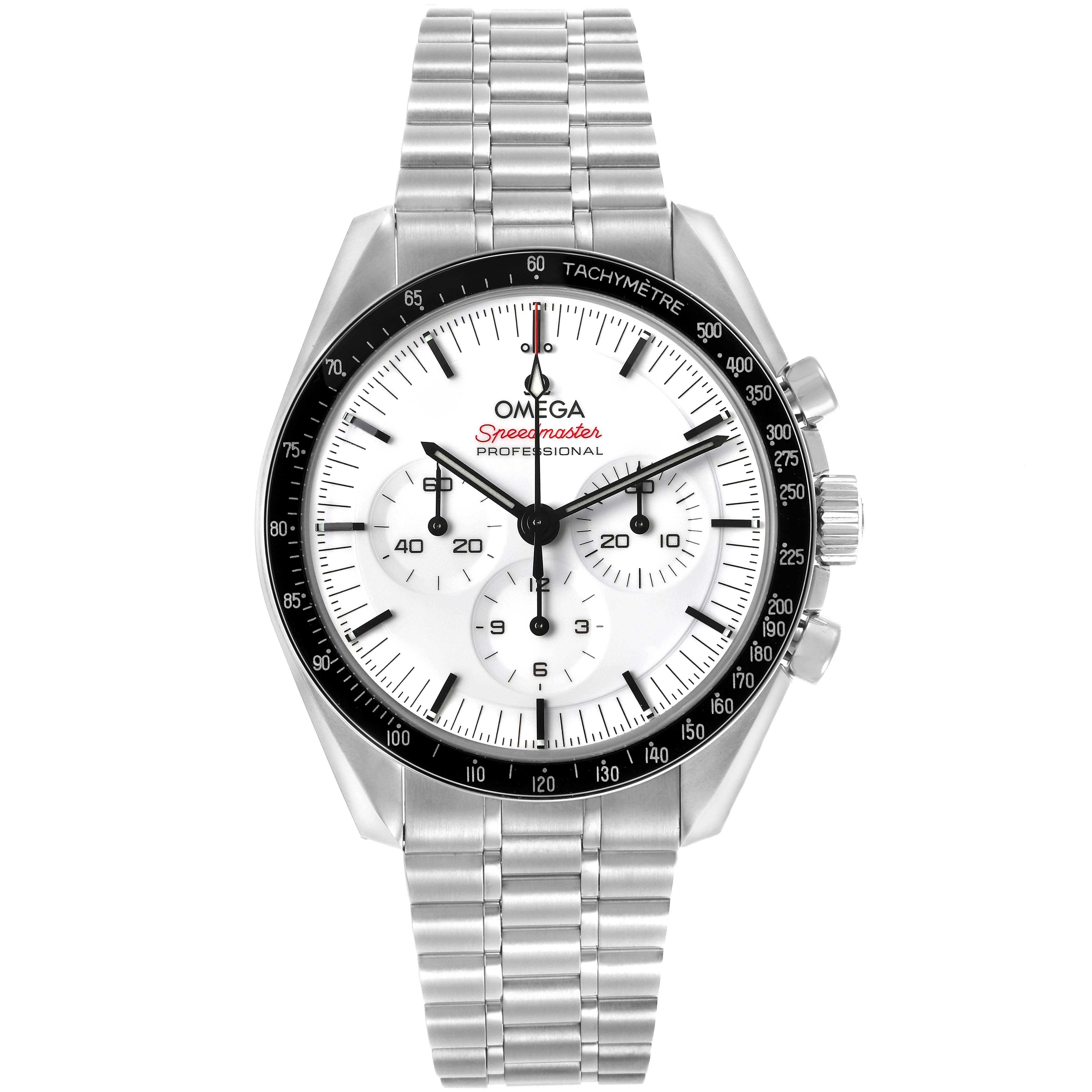 The Omega Speedmaster 310.30.42.50.04.001 Men's Stainless Steel White Dial 310.30.42.50.04.001 Men's Stainless Steel White Dial watch is shown from a front angle, displaying the face, bezel, and metal bracelet.