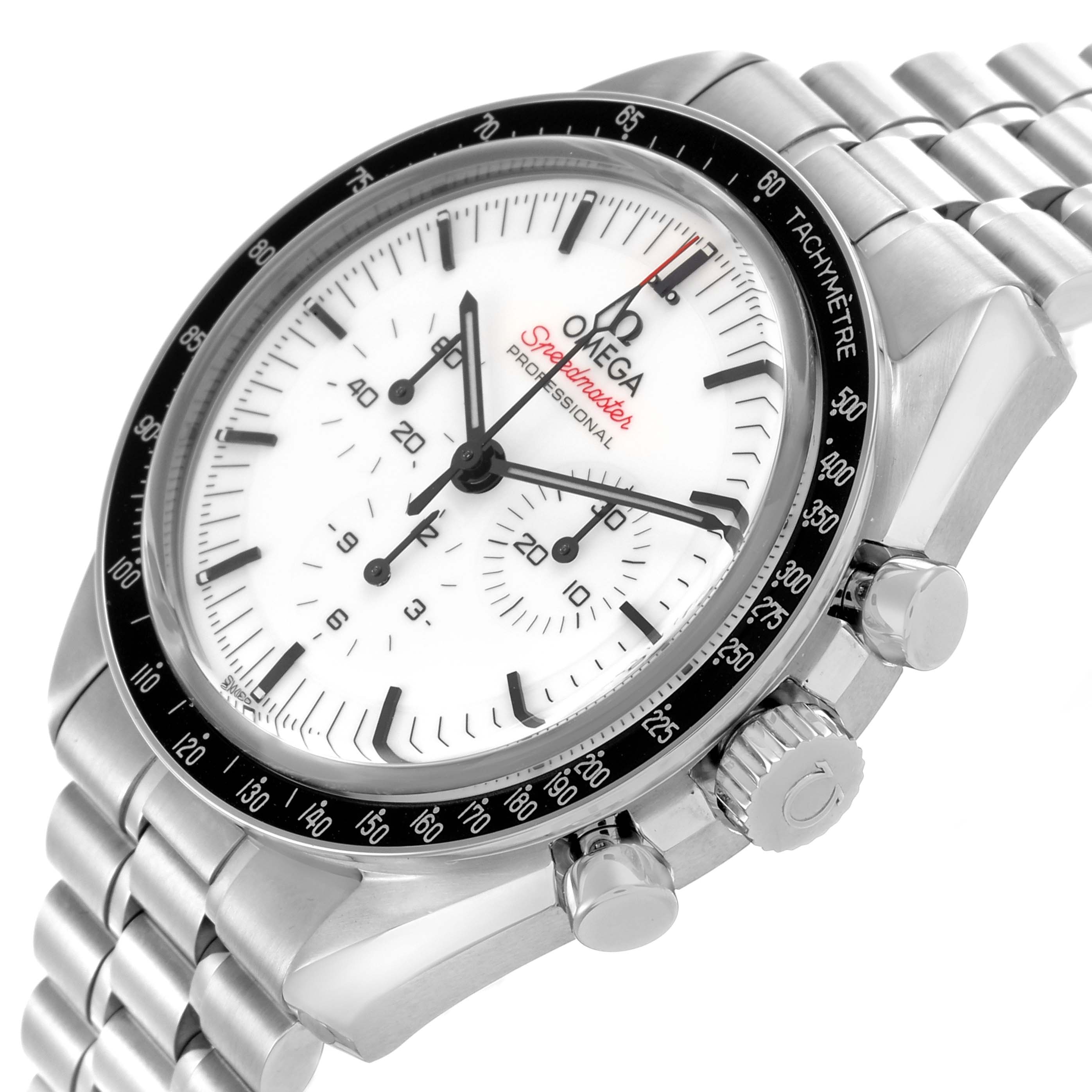 The Omega Speedmaster 310.30.42.50.04.001 Men's Stainless Steel White Dial 310.30.42.50.04.001 Men's Stainless Steel White Dial is shown at a slight angle displaying the bezel, crown, chronograph buttons, and part of the bracelet.