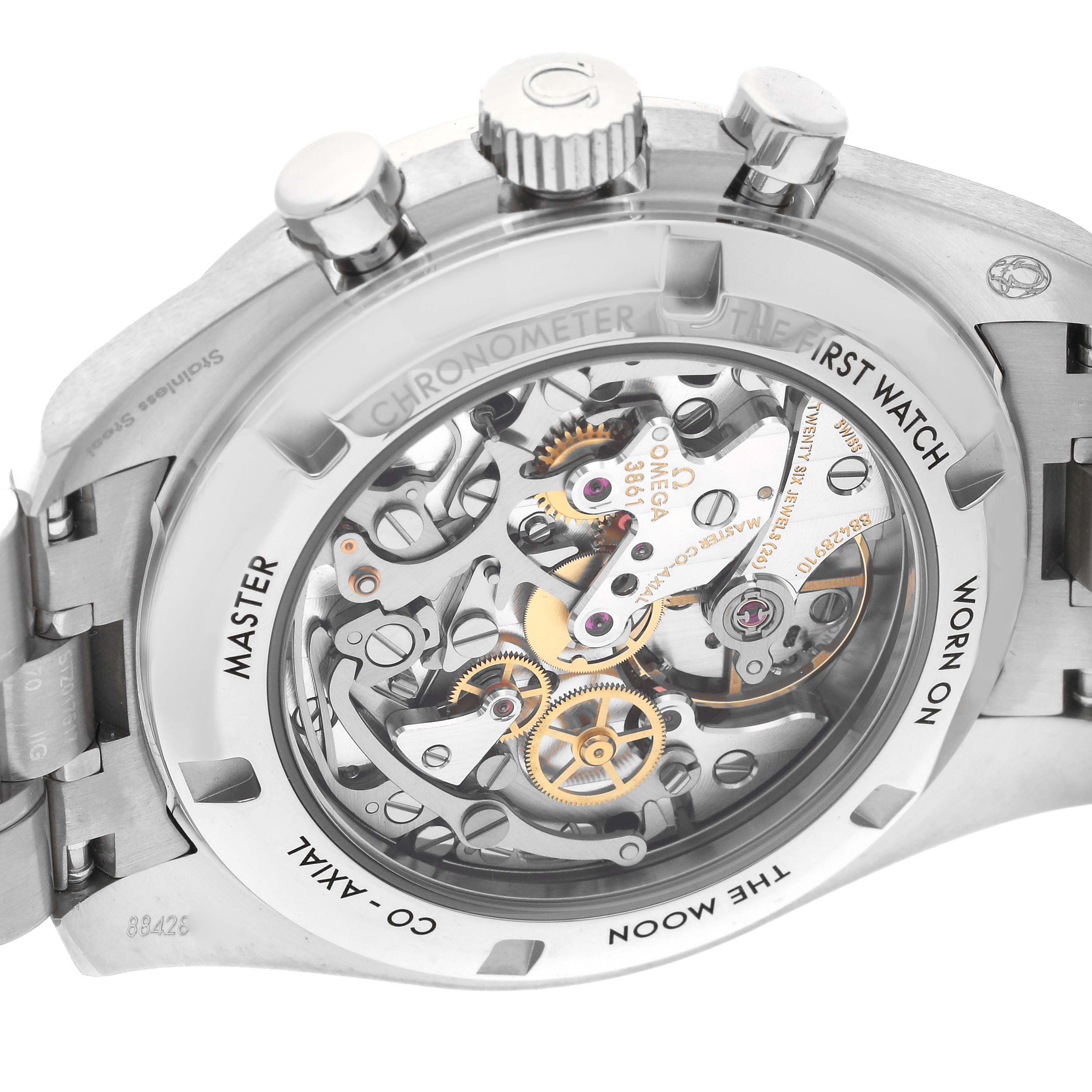 The image shows the Omega Speedmaster 310.30.42.50.04.001 Men's Stainless Steel White Dial 310.30.42.50.04.001 Men's Stainless Steel White Dial's transparent case back, highlighting the intricate movement and mechanisms.