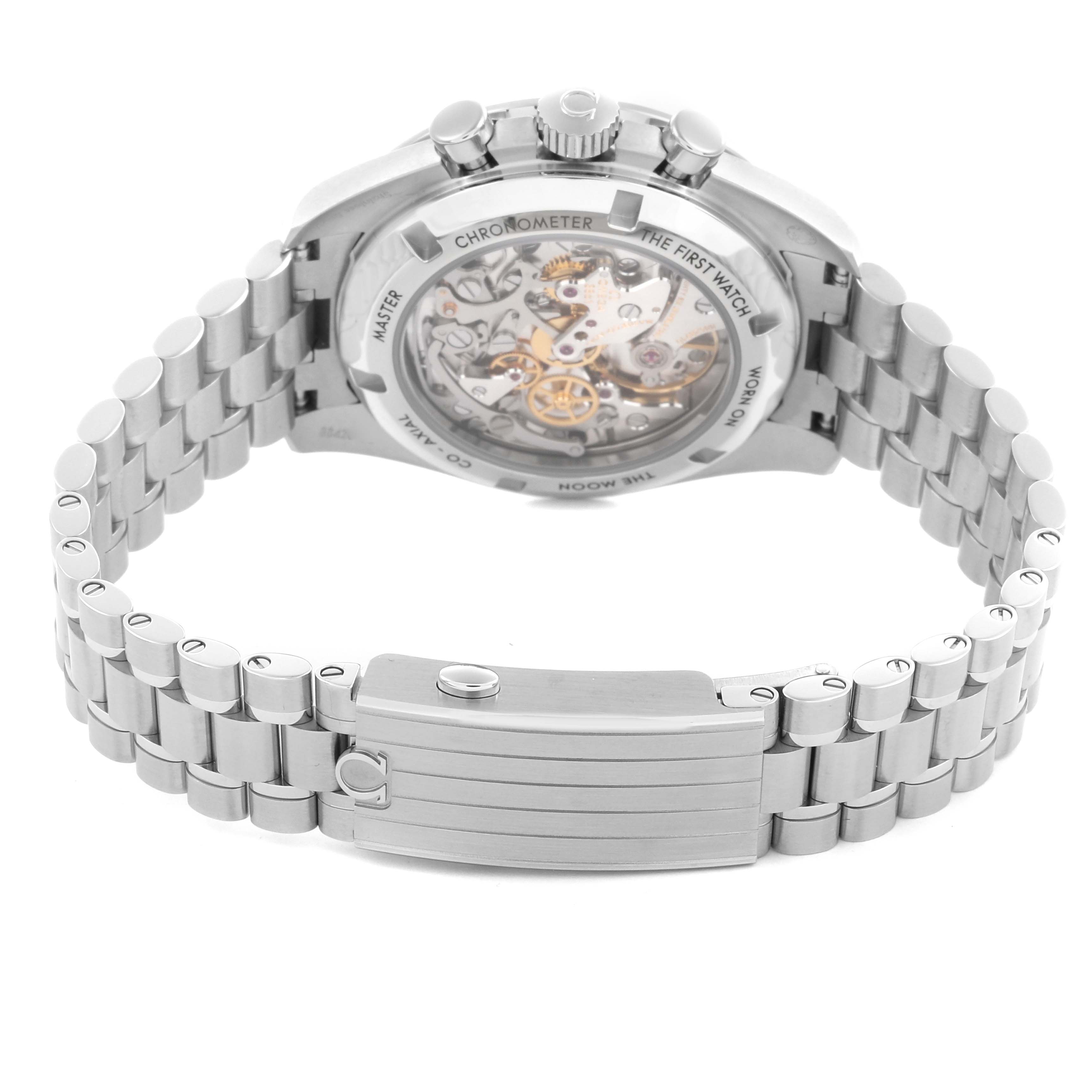 The image shows the back view of the Omega Speedmaster 310.30.42.50.04.001 Men's Stainless Steel White Dial 310.30.42.50.04.001 Men's Stainless Steel White Dial, focusing on the bracelet and transparent case back.