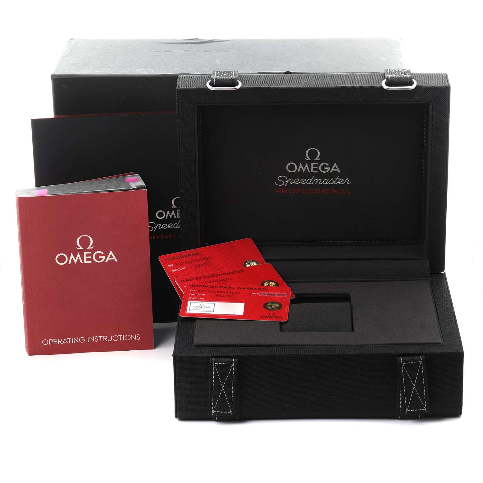 The image shows the Omega Speedmaster 310.30.42.50.04.001 Men's Stainless Steel White Dial 310.30.42.50.04.001 Men's Stainless Steel White Dial watch box, instruction manual, and warranty cards.