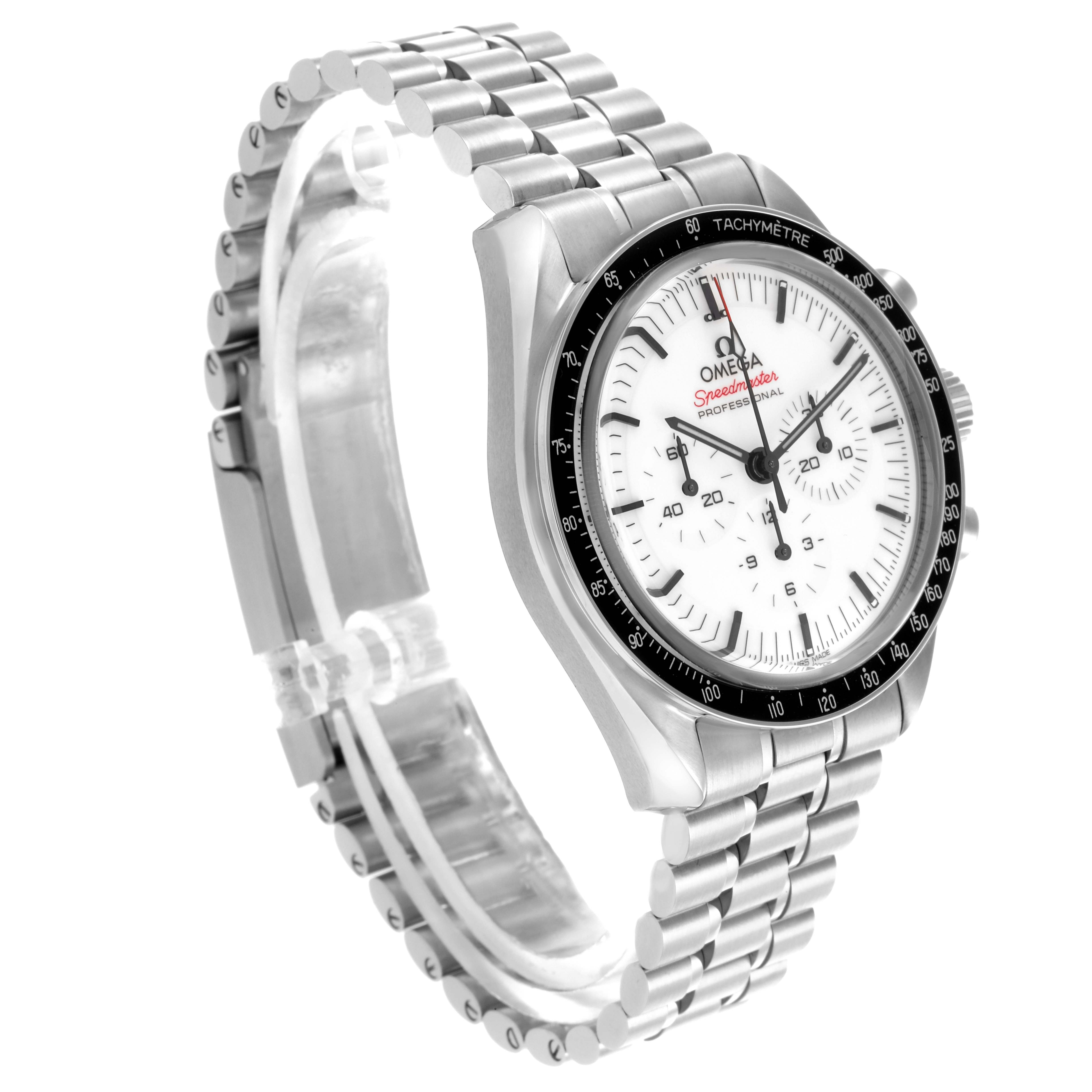 The Omega Speedmaster 310.30.42.50.04.001 Men's Stainless Steel White Dial 310.30.42.50.04.001 Men's Stainless Steel White Dial watch is shown at a three-quarter angle highlighting the face, bezel, and stainless steel bracelet.