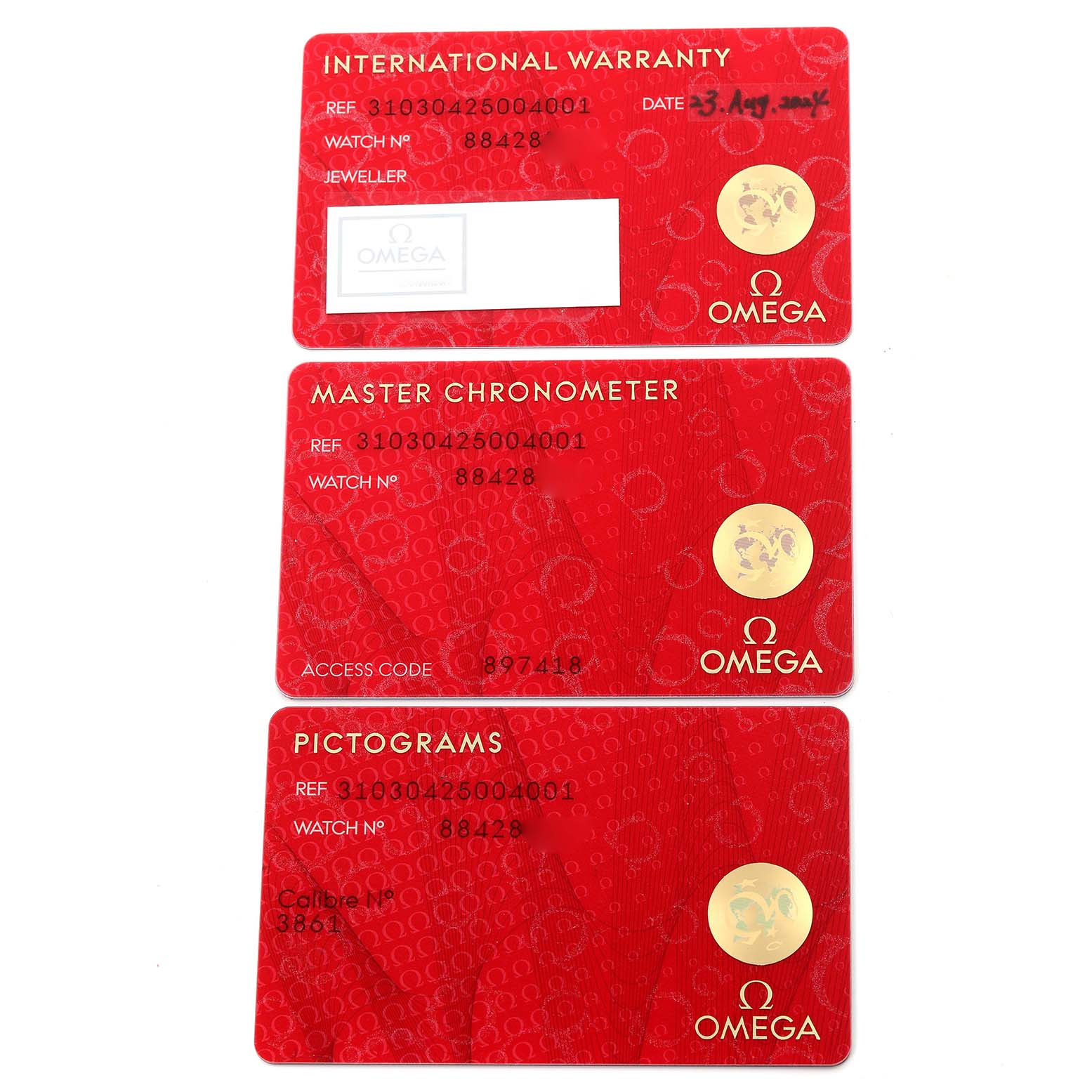 The image shows International Warranty, Master Chronometer, and Pictograms cards for the Omega Speedmaster 310.30.42.50.04.001 Men's Stainless Steel White Dial 310.30.42.50.04.001 Men's Stainless Steel White Dial.