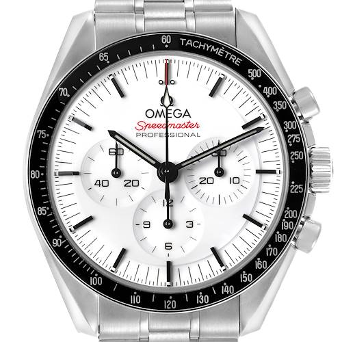 The Omega Speedmaster watch is shown from a front angle, highlighting the dial, bezel, and tachymeter scale.