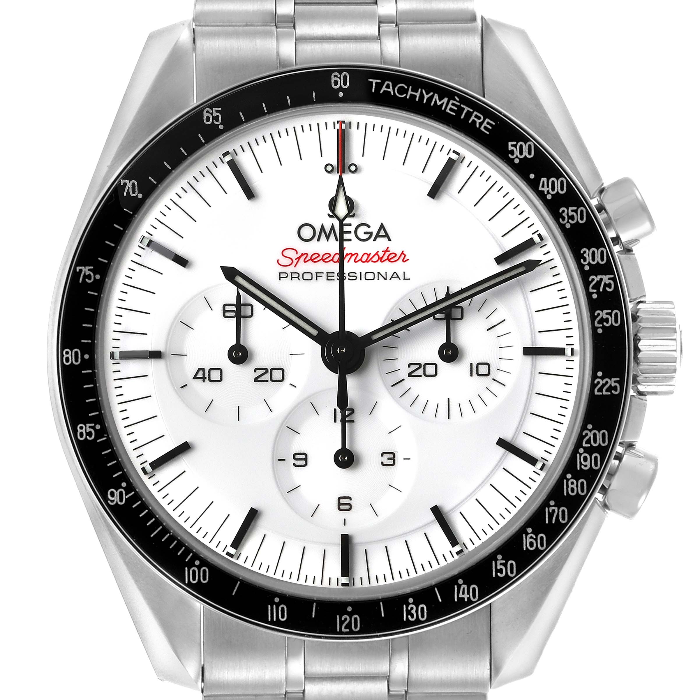 The Omega Speedmaster 310.30.42.50.04.001 Men's Stainless Steel White Dial 310.30.42.50.04.001 Men's Stainless Steel White Dial watch is shown from the front, displaying the dial, hands, subdials, tachymeter bezel, and crown.