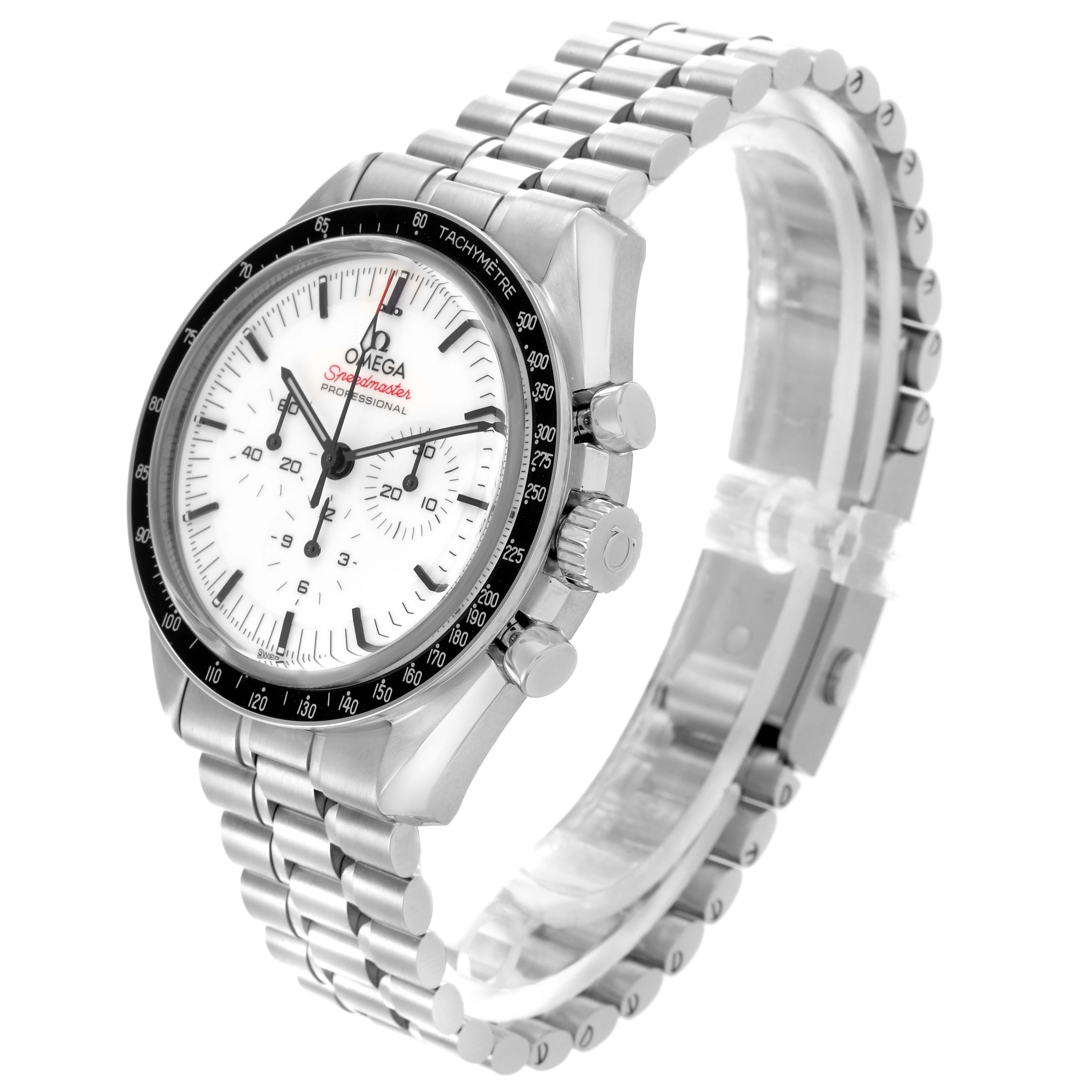 The Omega Speedmaster 310.30.42.50.04.001 Men's Stainless Steel White Dial 310.30.42.50.04.001 Men's Stainless Steel White Dial watch is shown at a three-quarter angle, displaying the face, bezel, chronograph buttons, and bracelet.